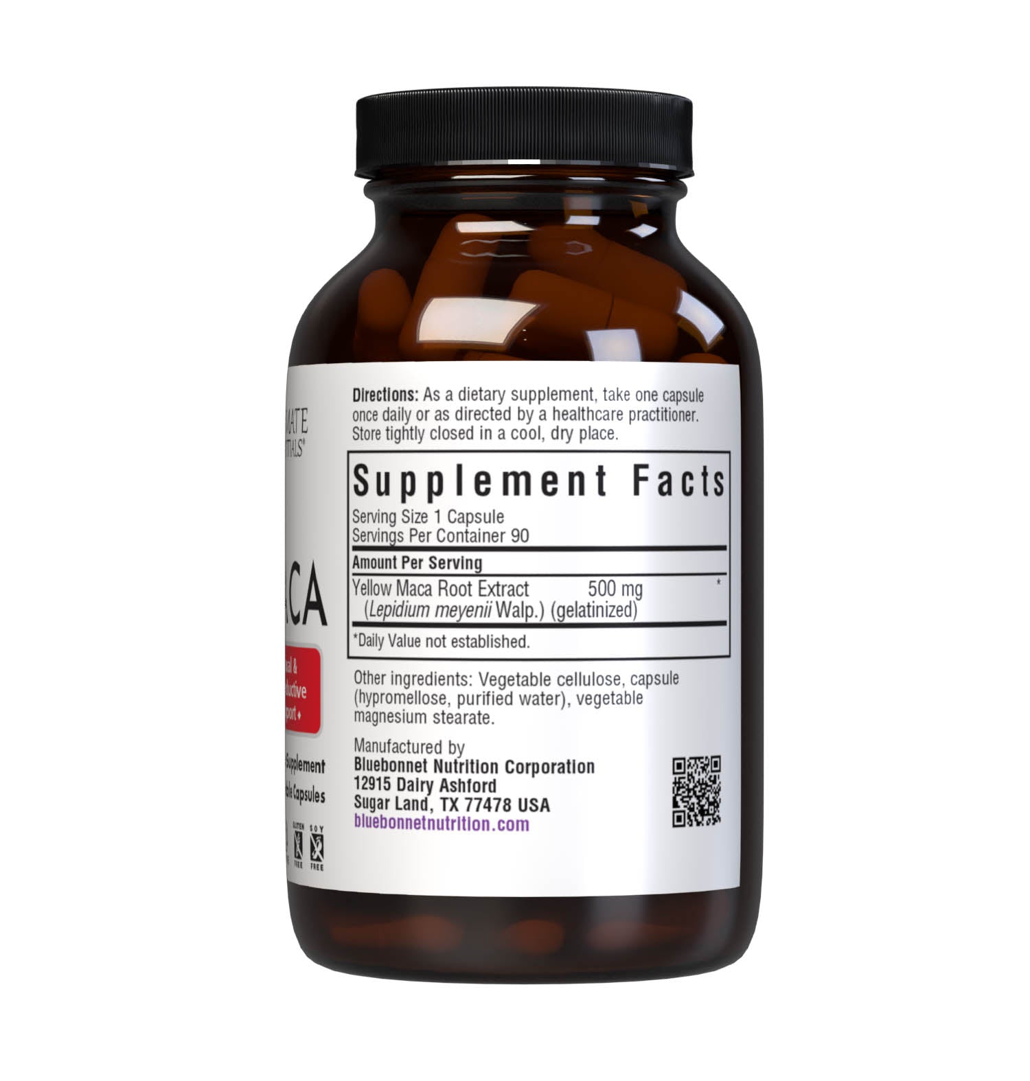 Bluebonnet’s Intimate Essentials Maca Vegetable Capsules are specially formulated with a highly digestible, gelatinized maca root extract for enhancing both male and female hormonal balance, mood, stamina, libido and fertility. Supplement facts panel. #size_90 count