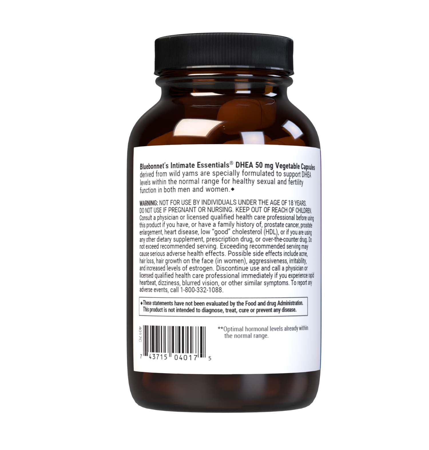 Bluebonnet’s Intimate Essentials DHEA 50 mg Vegetable Capsules derived from wild yams are specially formulated to support DHEA levels within the normal range for healthy sexual and fertility function in both men and women. Description panel. #size_60 count