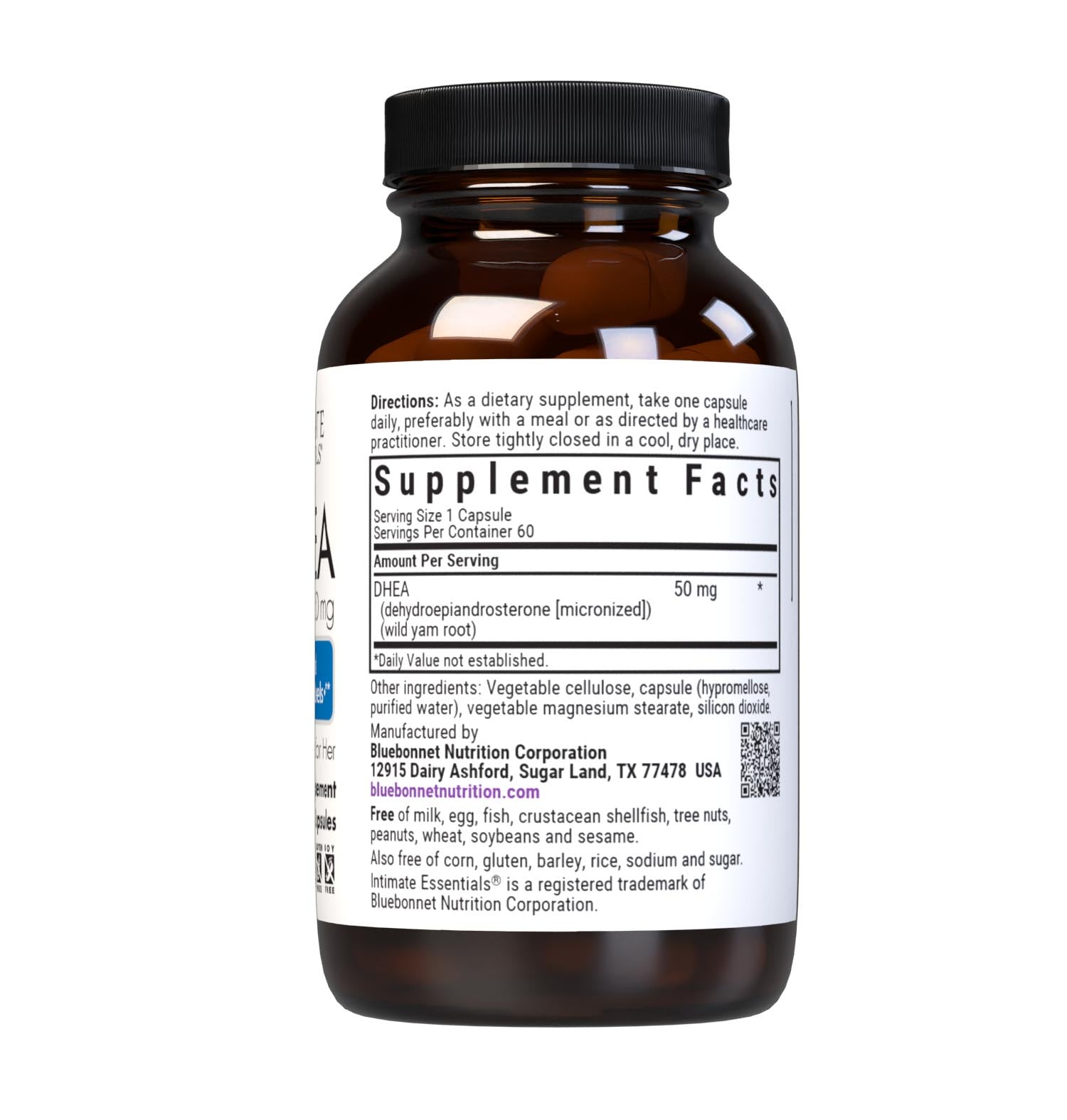 Bluebonnet’s Intimate Essentials DHEA 50 mg Vegetable Capsules derived from wild yams are specially formulated to support DHEA levels within the normal range for healthy sexual and fertility function in both men and women. Supplement facts panel. #size_60 count