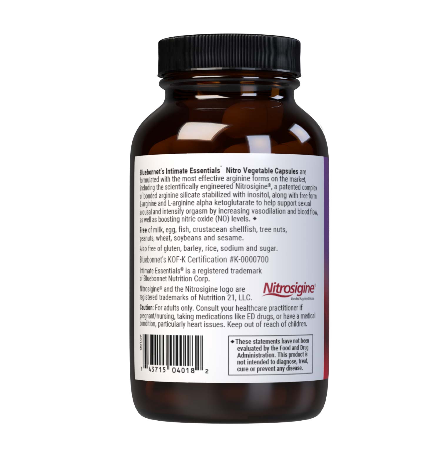Bluebonnet’s Intimate Essentials Nitro Vegetable Capsules are formulated with the most effective arginine forms on the market, including the scientifically engineered Nitrosigine, a patented complex of bonded arginine silicate stabilized with inositol, along with free-form L-arginine and L-arginine alpha ketoglutarate to help support sexual arousal and intensify orgasm by increasing vasodilation and blood flow, as well as boosting nitric oxide (NO) levels. Description panel. #size_60 count