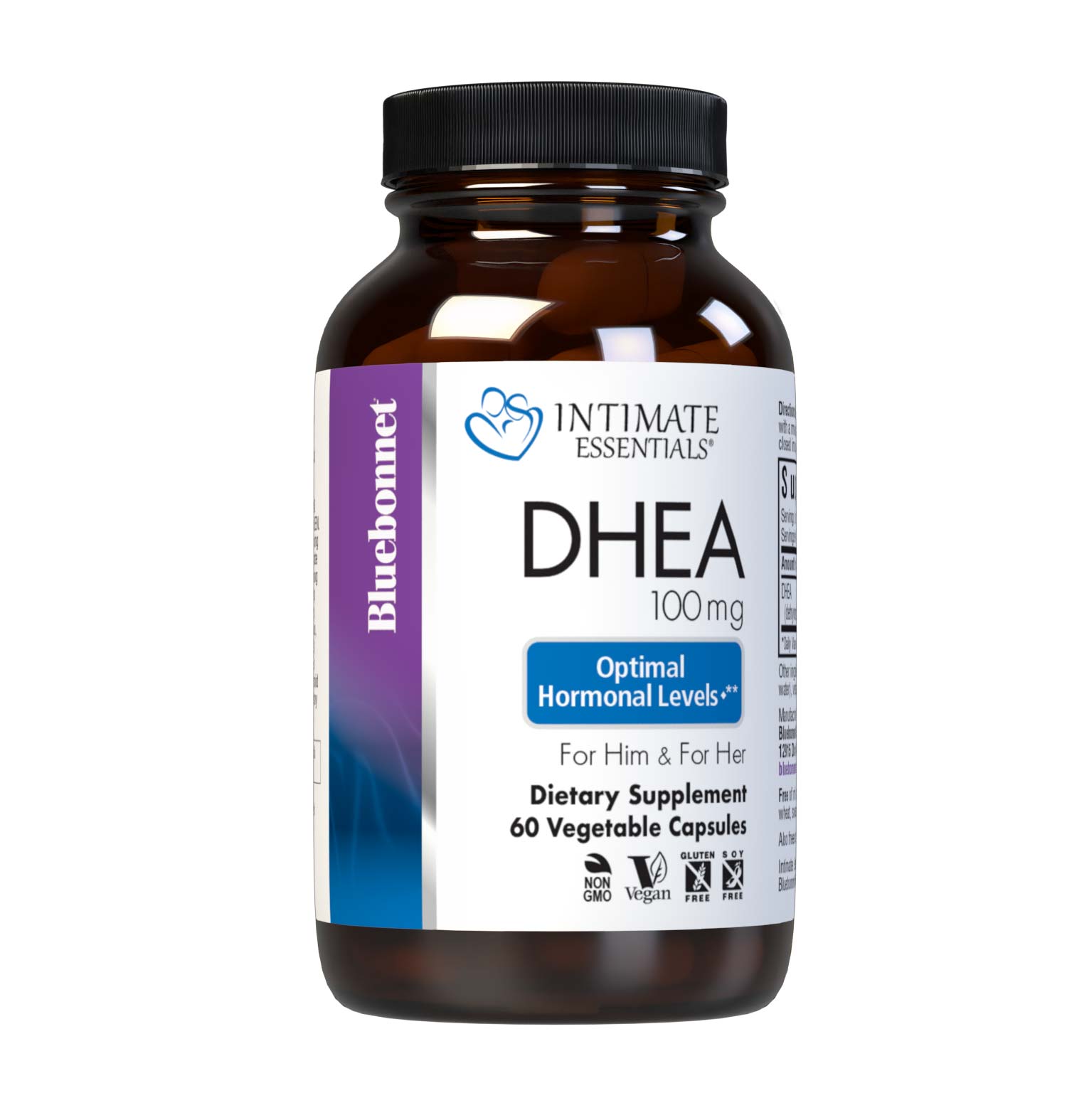 Bluebonnet’s Intimate Essentials DHEA 100 mg Vegetable Capsules derived from wild yams are specially formulated to support DHEA levels within the normal range for healthy sexual and fertility function in both men and women. #size_60 count