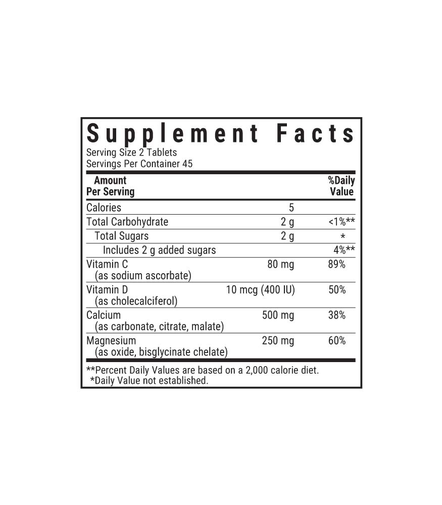 Bluebonnet’s EarthSweet Chewables Calcium Magnesium & Vitamin D3 chewable Tablets, Orange Vanilla flavor, supplement facts panel