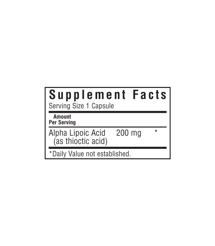 Bluebonnet’s Alpha Lipoic Acid 200 mg Vegetable Capsules, supplement facts panel