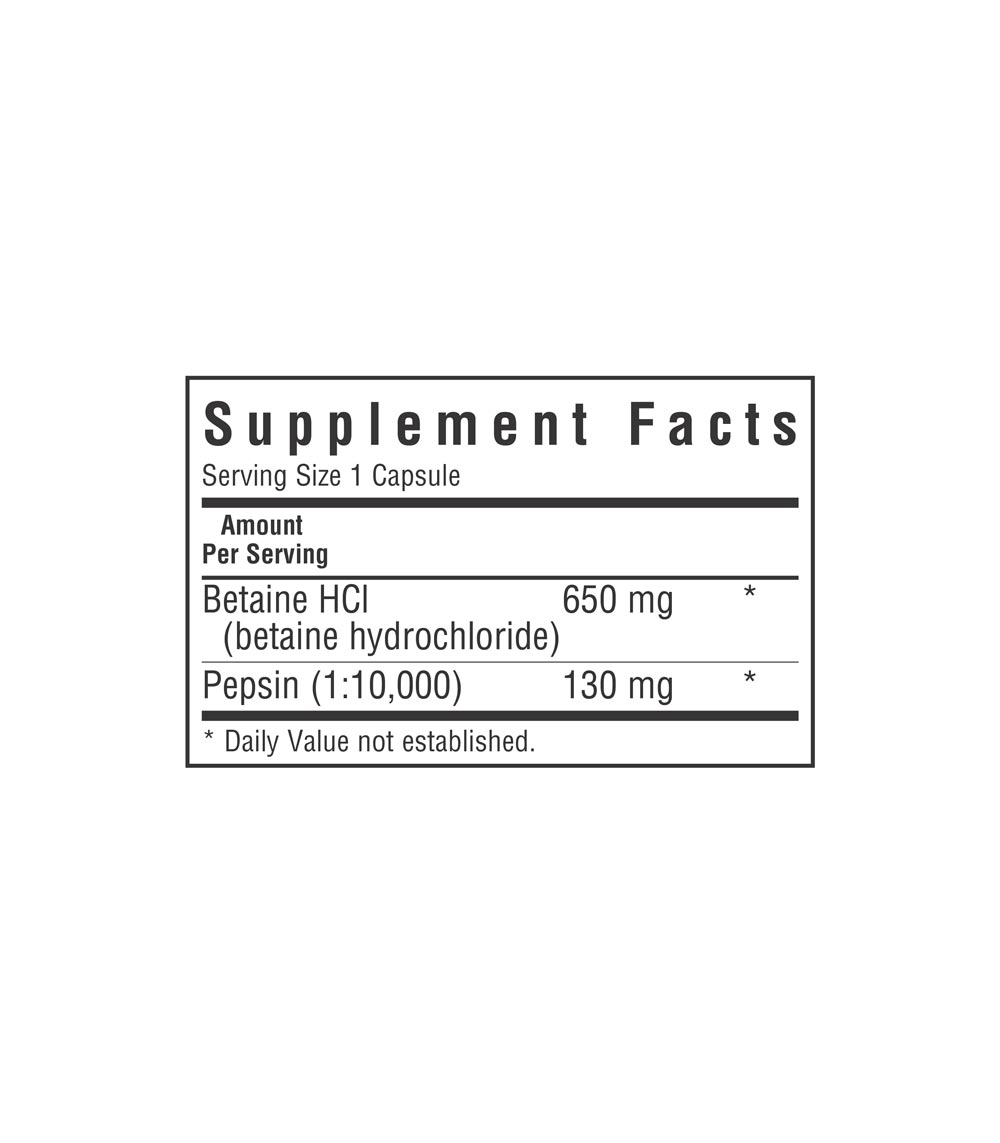 Bluebonnet’s Betaine HCl Plus Pepsin Vegetable Capsules, supplement facts panel