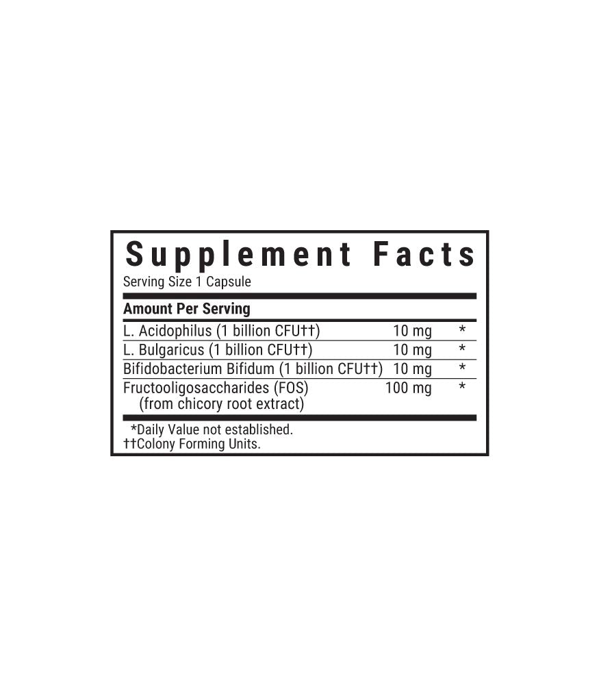 Bluebonnet’s Milk-Free Probiotic Acidophilus & FOS Vegetable Capsules, supplement facts panel