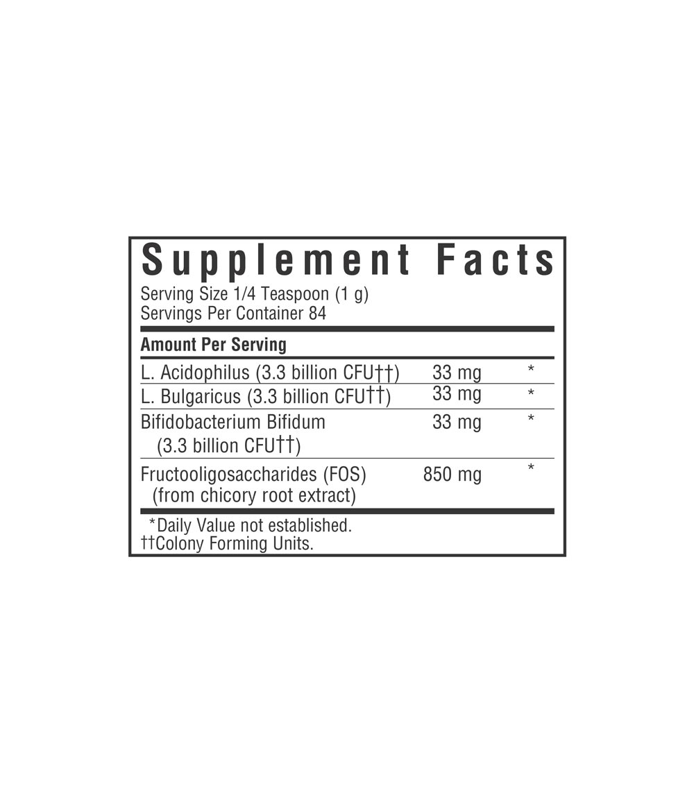 Bluebonnet’s Milk-Free Probiotic Acidophilus & FOS powder, supplement facts panel
