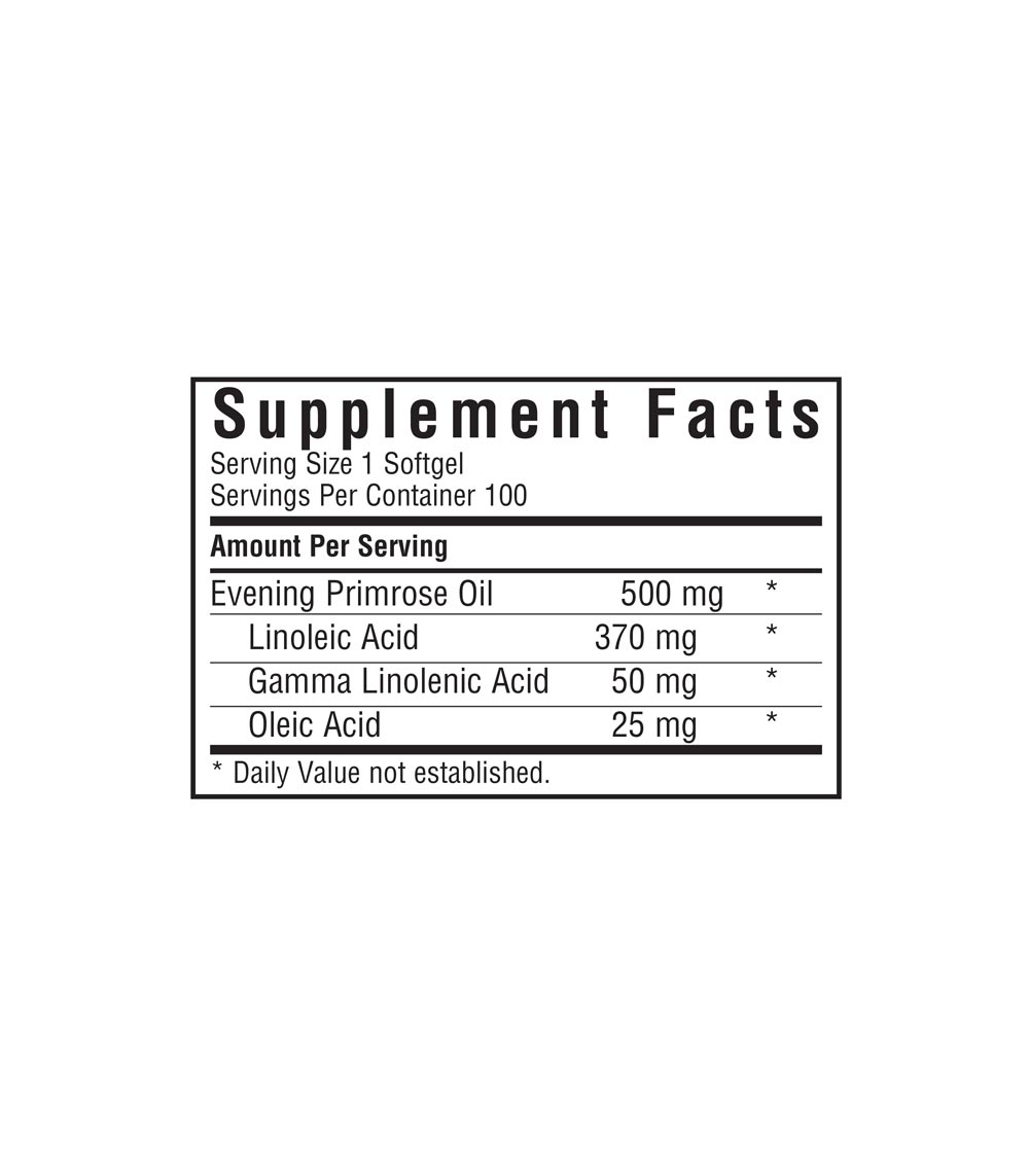 Bluebonnet’s Evening Primrose Oil 500 mg 100 Softgels, supplement facts panel