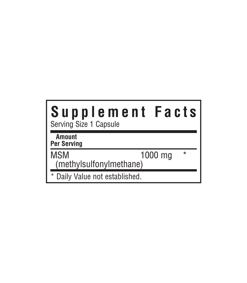 Bluebonnet’s MSM 1000 mg Vegetable Capsules supplement facts panel
