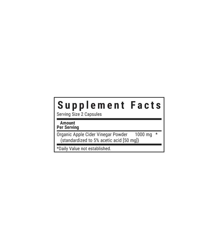 Bluebonnet’s Apple Cider Vinegar with the Mother Vegetable Capsules supplement facts panel