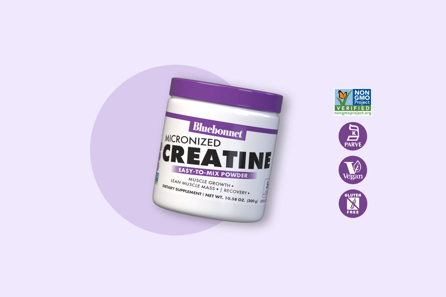 Bluebonnet Micronized Creatine unflavored powder, 10.58 oz canister.