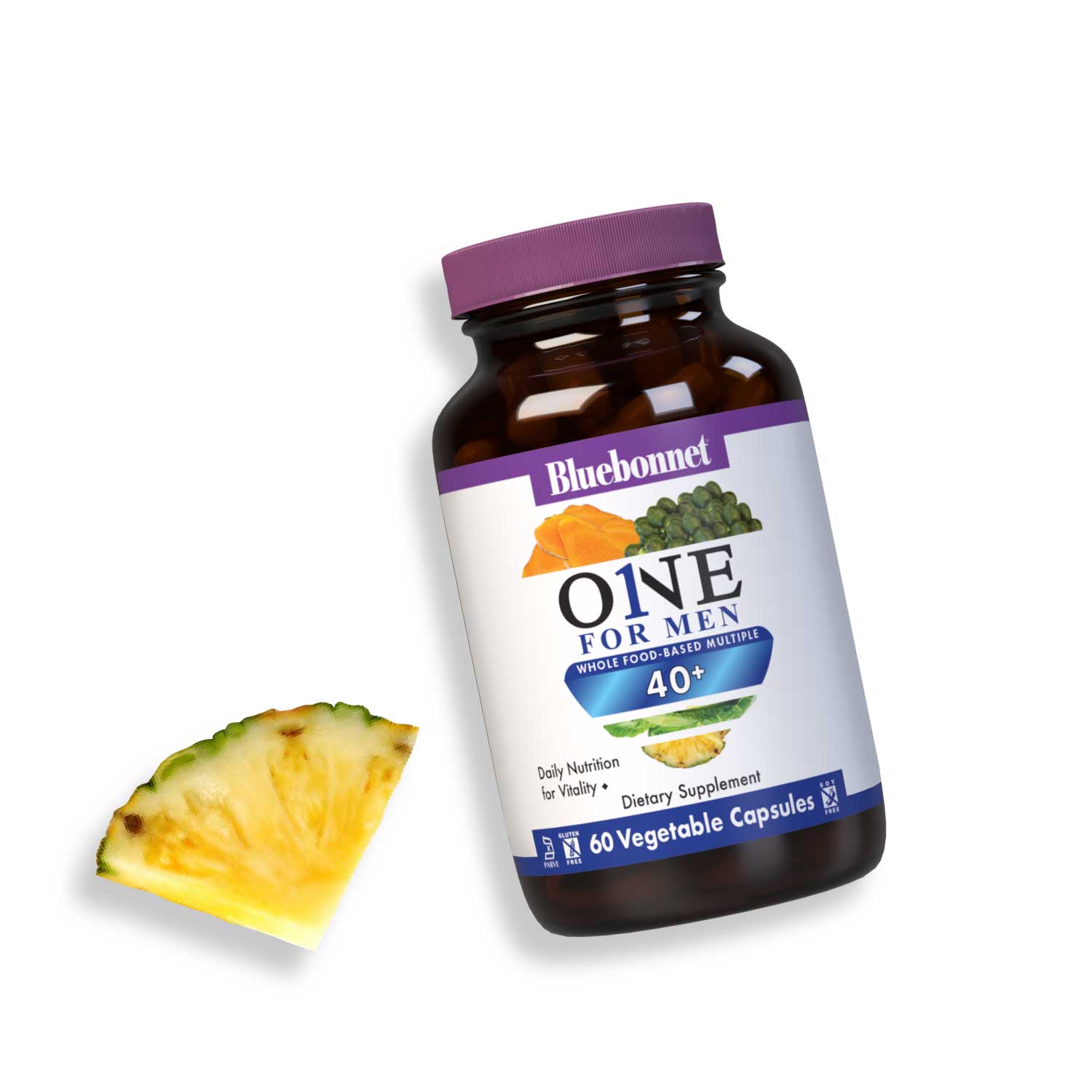 Bluebonnet's ONE for MEN 40+ whole food based multiple, 60 vegetable capsules bottle