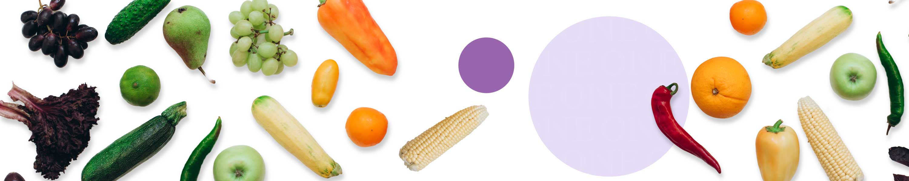 Assorted fruits and vegetables on a white background with a purple circle in the center.