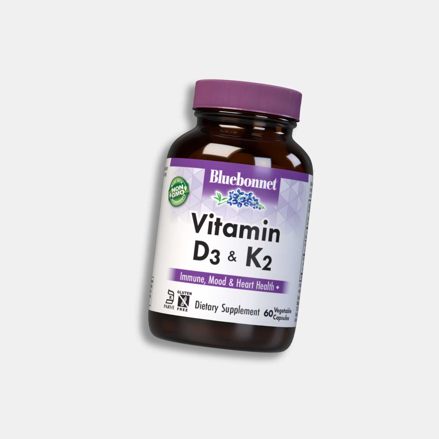 Bluebonnet Vitamin D3 & K2 for mood, immune and heart health. Dietary supplement bottle, 60 vegetable capsules
