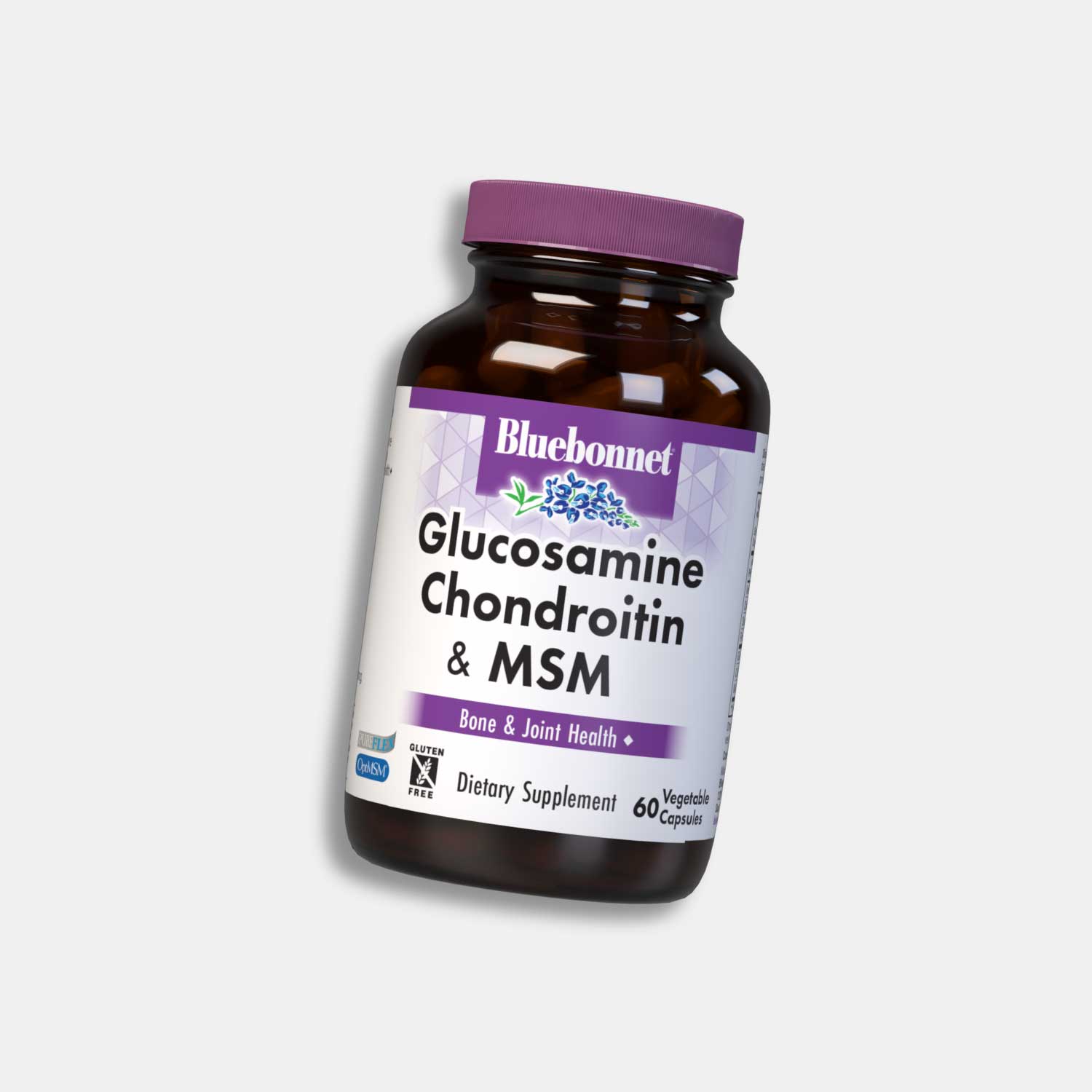 Bluebonnet Glucosamine Chondroitin & MSM dietary supplement bottle for bone and joint health, 60 vegetable capsules