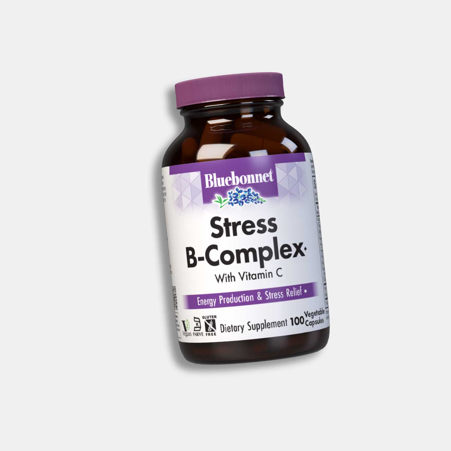 Bluebonnet Stress B-Complex with vitamin C dietary supplement bottle for energy production and stress relief, 100 vegetable capsules
