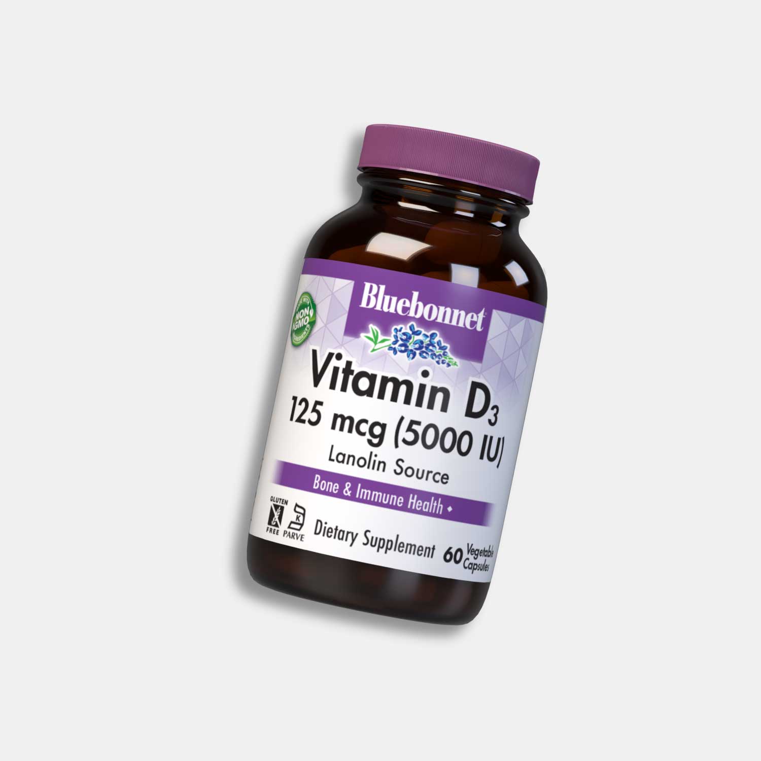 Bluebonnet Vitamin D3 125 mcg (5000 IU) Lanoline Source, dietary supplement bottle, 60 vegetable capsules