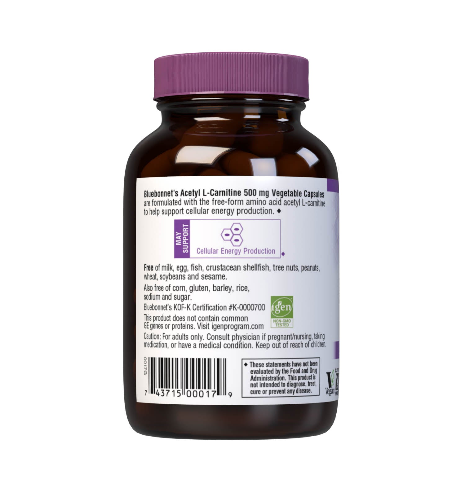 Bluebonnet’s Acetyl L-Carnitine 500 mg 30 Vegetable Capsules are formulated with the free-form amino acid acetyl L-carnitine HCI in its crystalline form which may support cellular energy/ production. Description Panel. #size_30 count