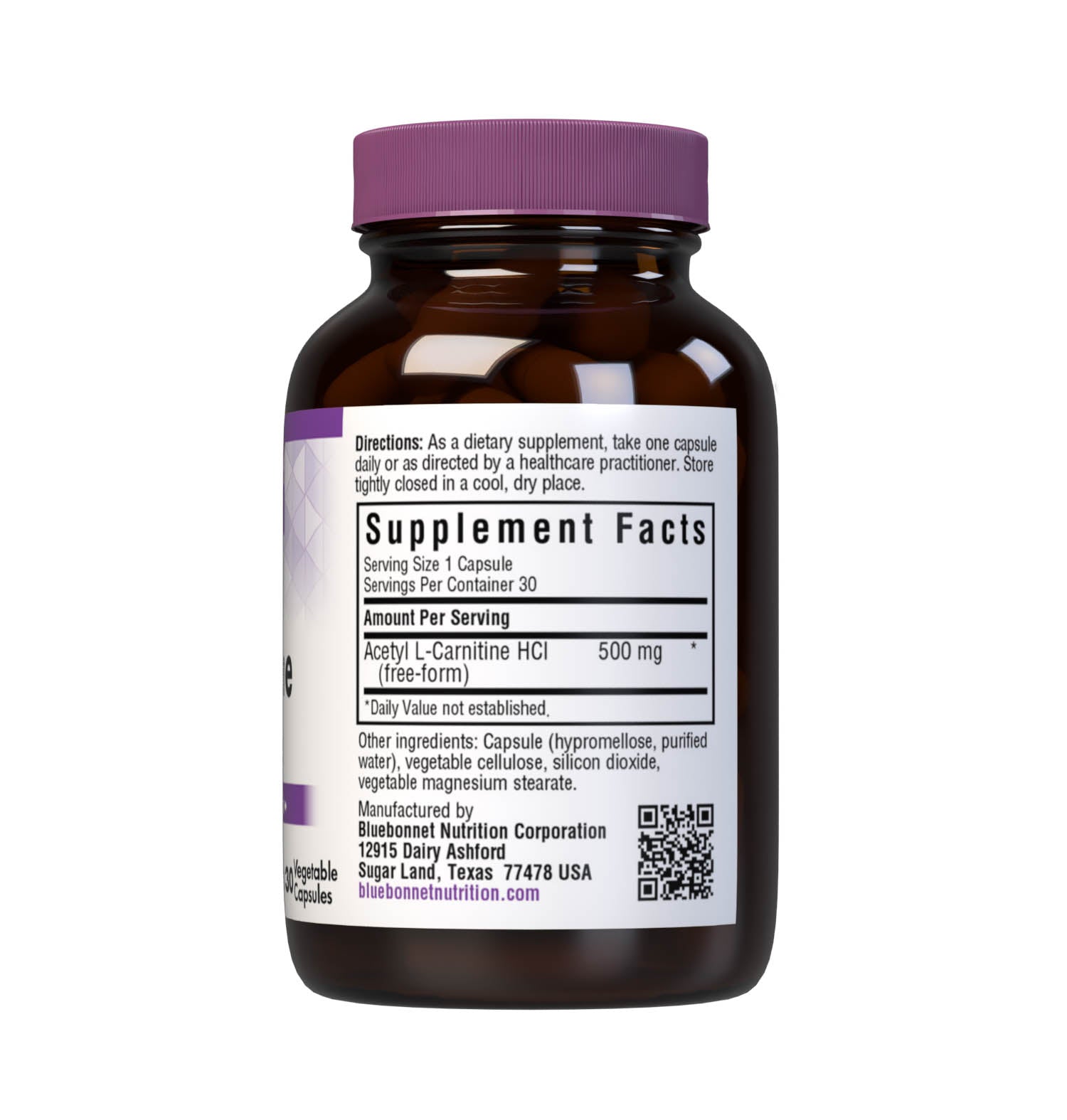 Bluebonnet’s Acetyl L-Carnitine 500 mg 30 Vegetable Capsules are formulated with the free-form amino acid acetyl L-carnitine HCI in its crystalline form which may support cellular energy/ production. Supplement Facts Panel. #size_30 count