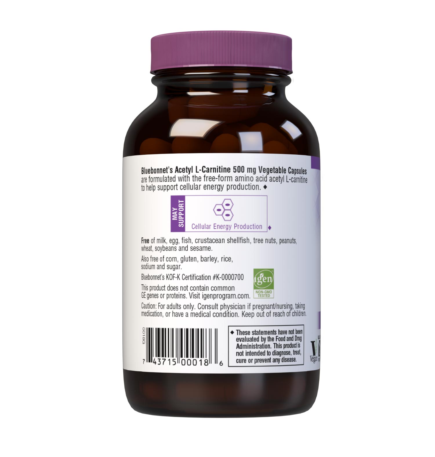 Bluebonnet’s Acetyl L-Carnitine 500 mg 60 Vegetable Capsules are formulated with the free-form amino acid acetyl L-carnitine HCI in its crystalline form which may support cellular energy/ production. Description Panel. #size_60 count