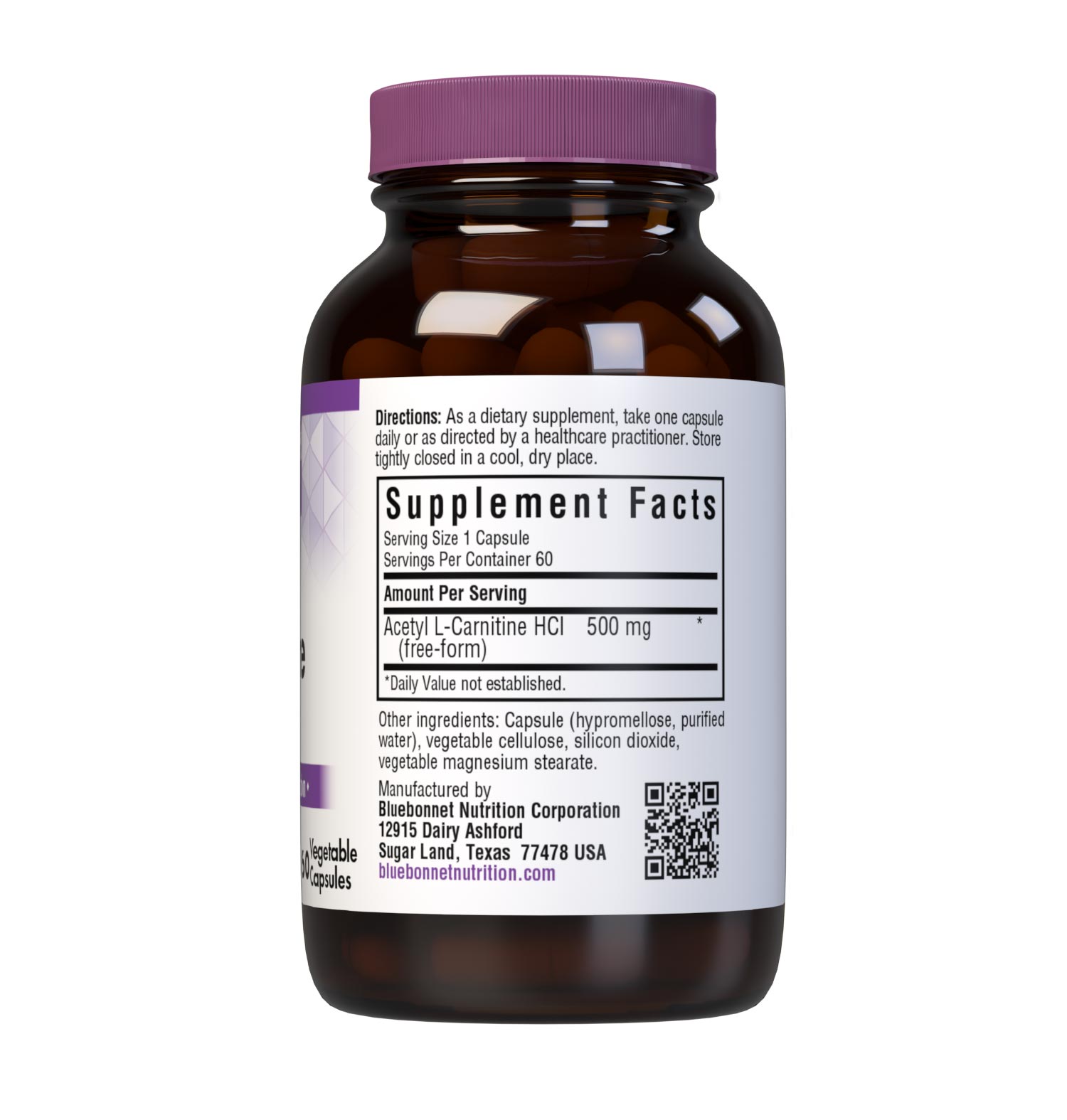 Bluebonnet’s Acetyl L-Carnitine 500 mg 60 Vegetable Capsules are formulated with the free-form amino acid acetyl L-carnitine HCI in its crystalline form which may support cellular energy/production. Supplement Facts Panel. #size_60 count