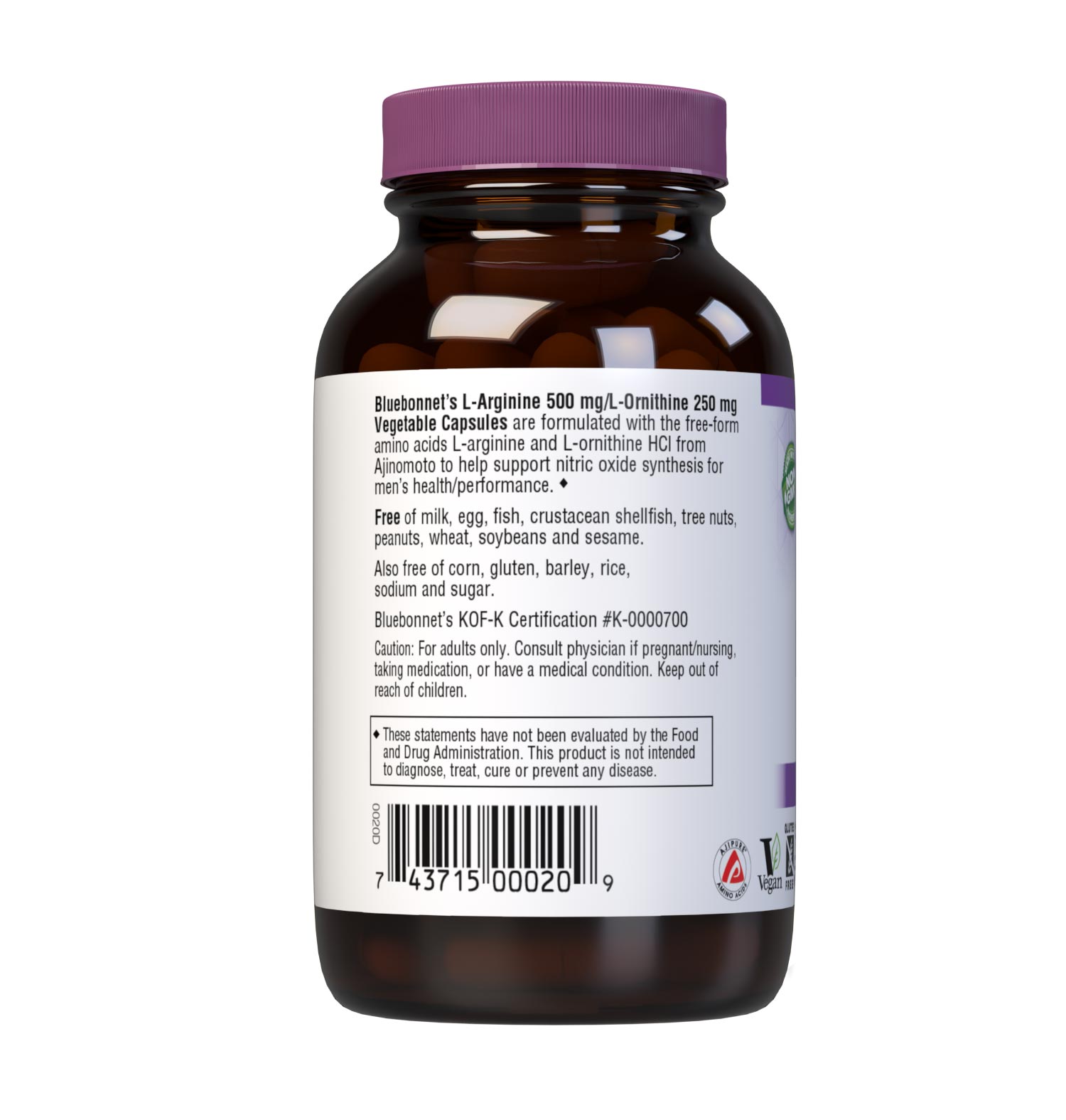 Bluebonnet’s L-Arginine 500 mg/L-Ornithine 250 mg 50 Vegetable Capsules provide the pharmaceutical grade, free-form amino acids L-arginine and L-ornithine HCI in their crystalline form from Ajinomoto. description panel. #size_50 count