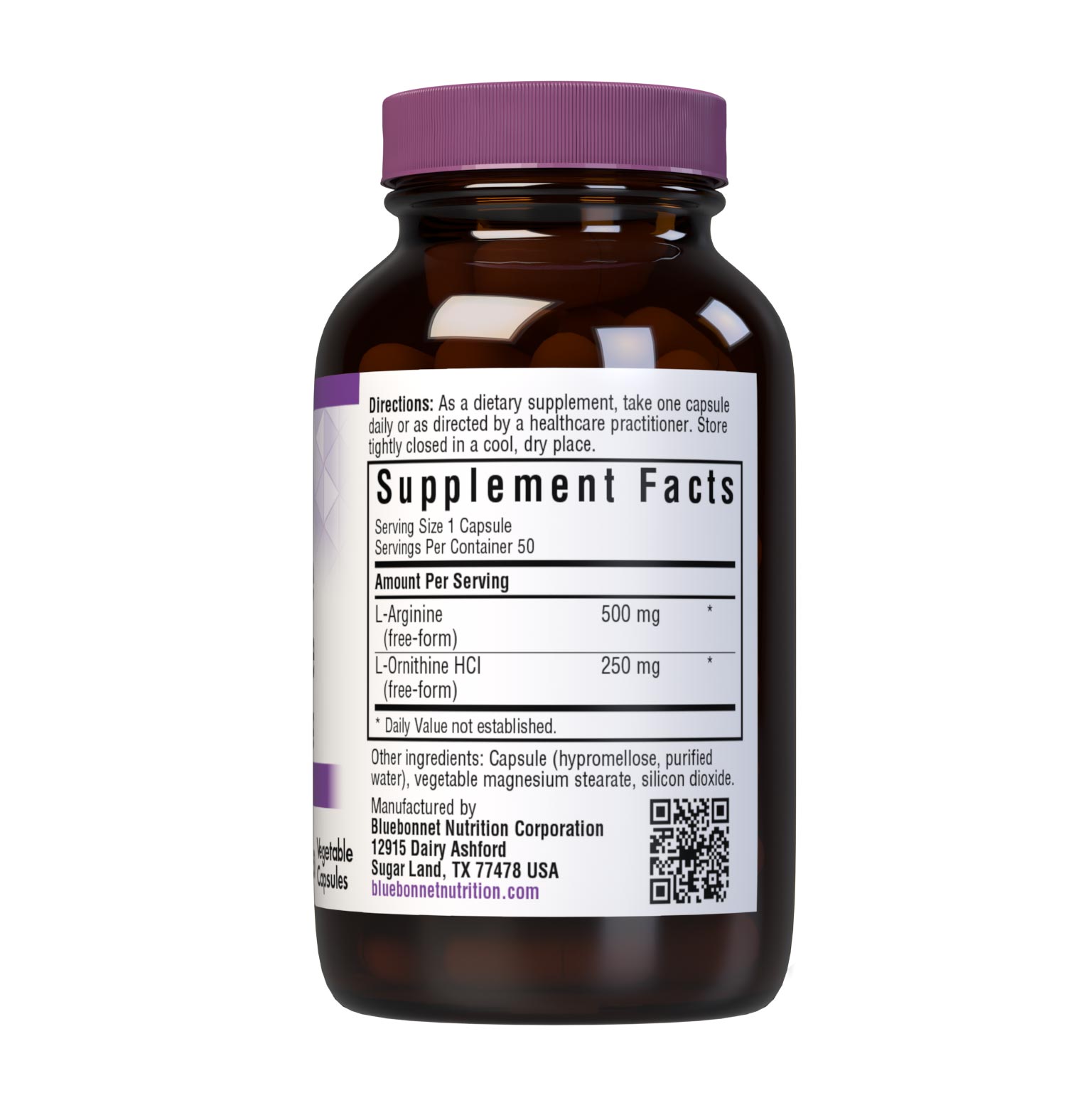 Bluebonnet’s L-Arginine 500 mg/L-Ornithine 250 mg 50 Vegetable Capsules provide the pharmaceutical grade, free-form amino acids L-arginine and L-ornithine HCI in their crystalline form from Ajinomoto. supplement facts panel. #size_50 count