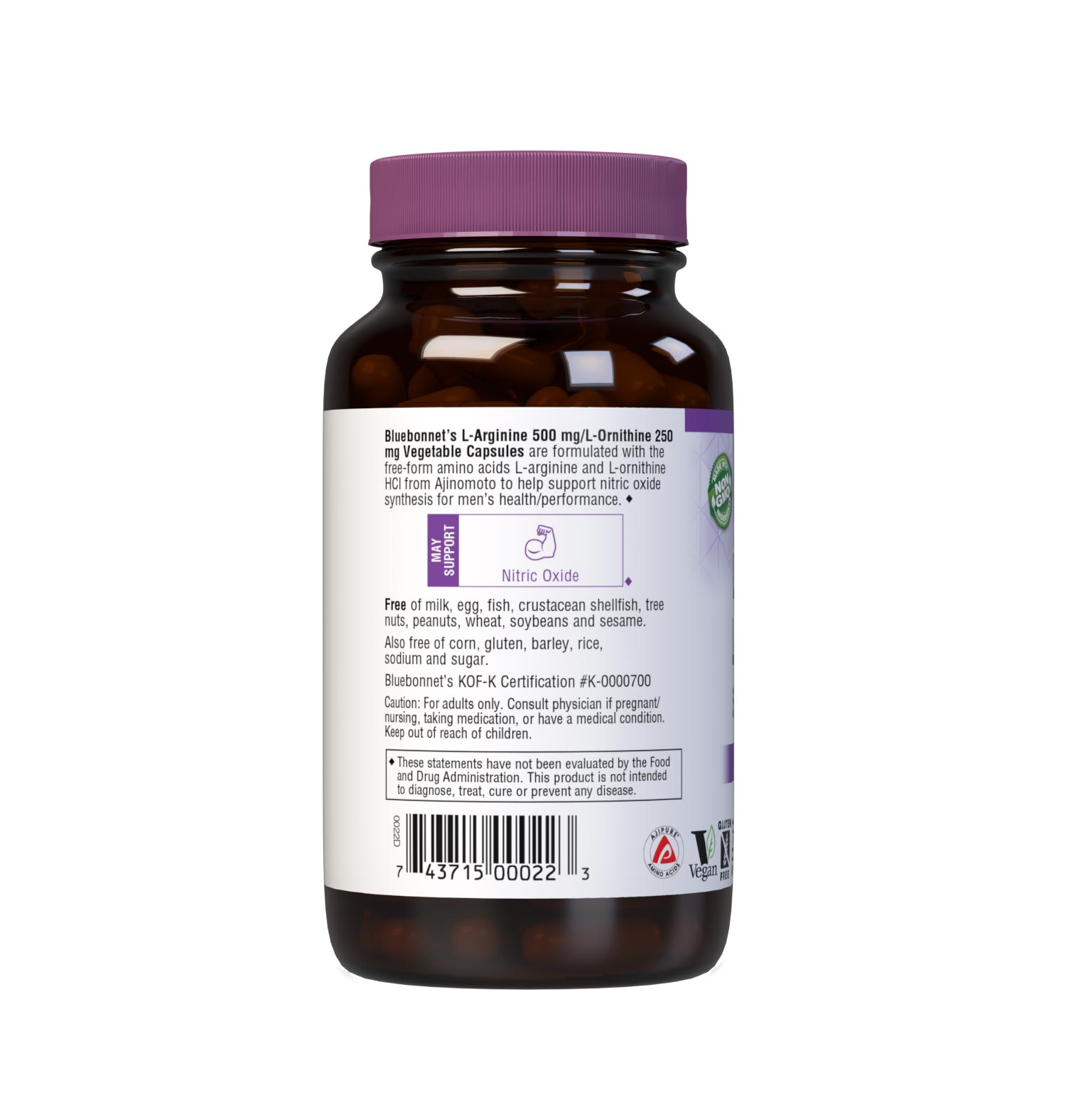 Bluebonnet’s L-Arginine 500 mg/L-Ornithine 250 mg 100 Vegetable Capsules provide the pharmaceutical grade, free-form amino acids L-arginine and L-ornithine HCI in their crystalline form from Ajinomoto. description panel. #size_100 count