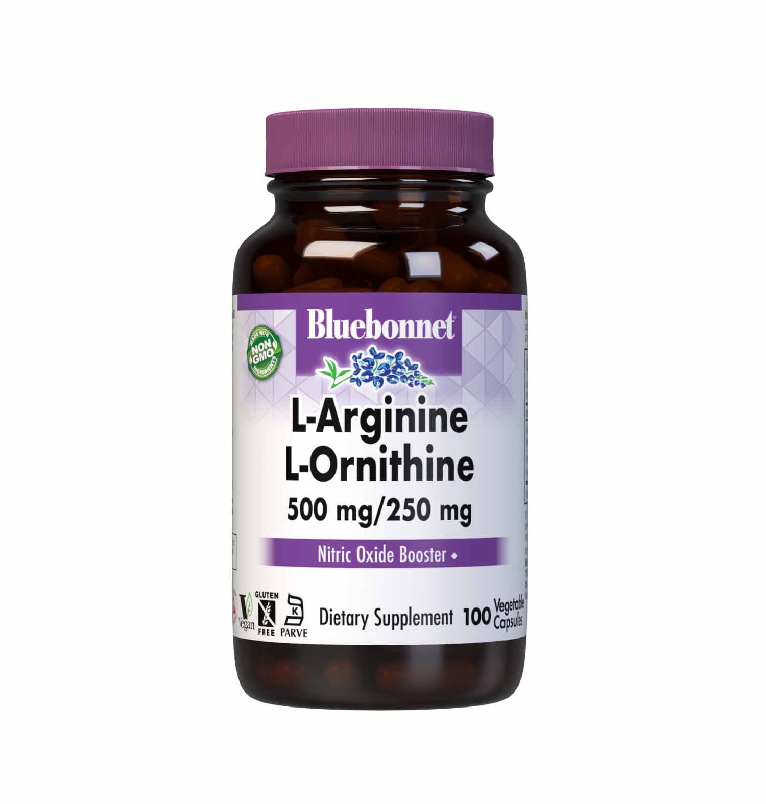 Bluebonnet’s L-Arginine 500 mg/L-Ornithine 250 mg 100 Vegetable Capsules provide the pharmaceutical grade, free-form amino acids L-arginine and L-ornithine HCI in their crystalline form from Ajinomoto. #size_100 count