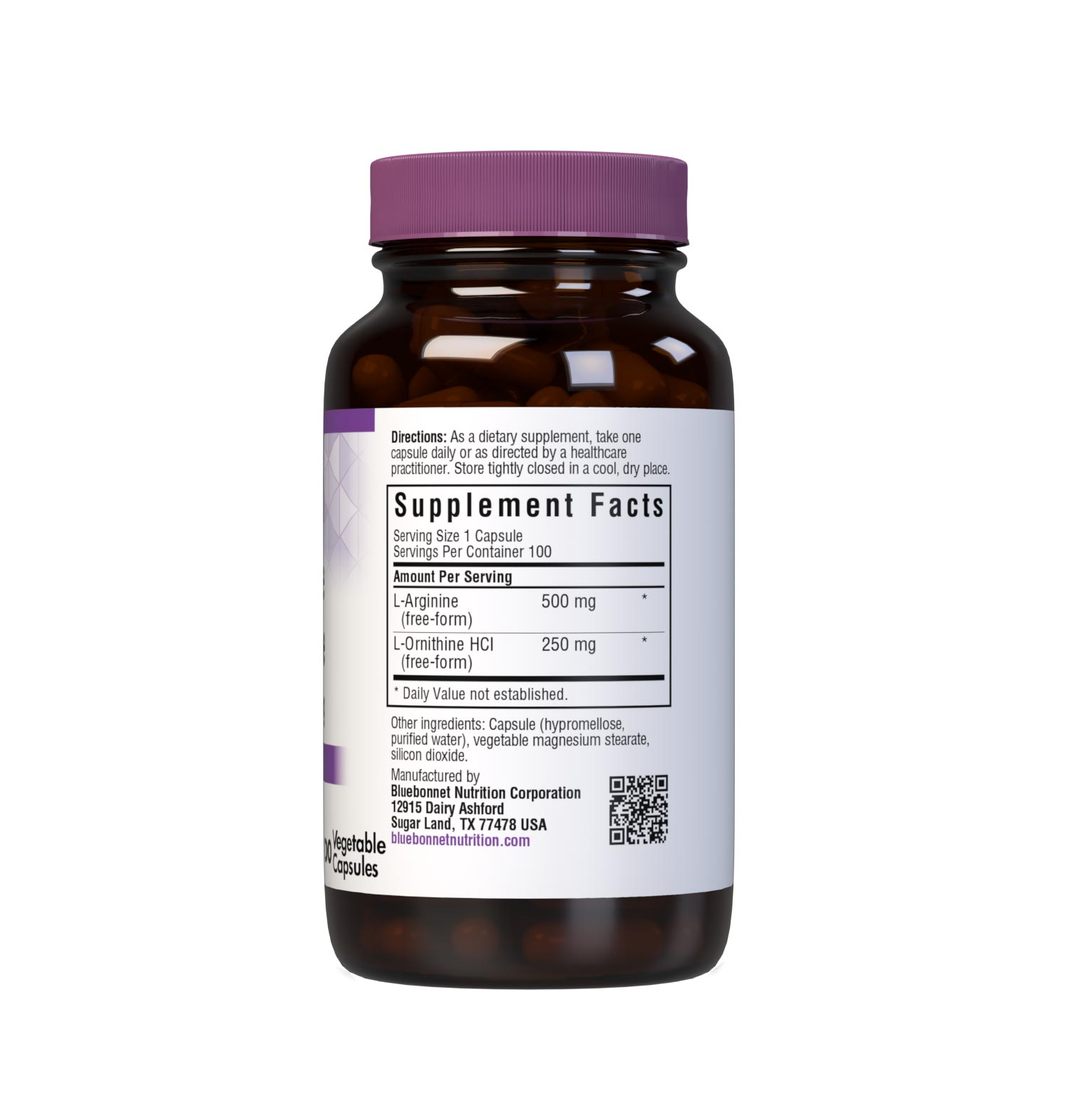 Bluebonnet’s L-Arginine 500 mg/L-Ornithine 250 mg 100 Vegetable Capsules provide the pharmaceutical grade, free-form amino acids L-arginine and L-ornithine HCI in their crystalline form from Ajinomoto. Supplement facts panel. #size_100 count