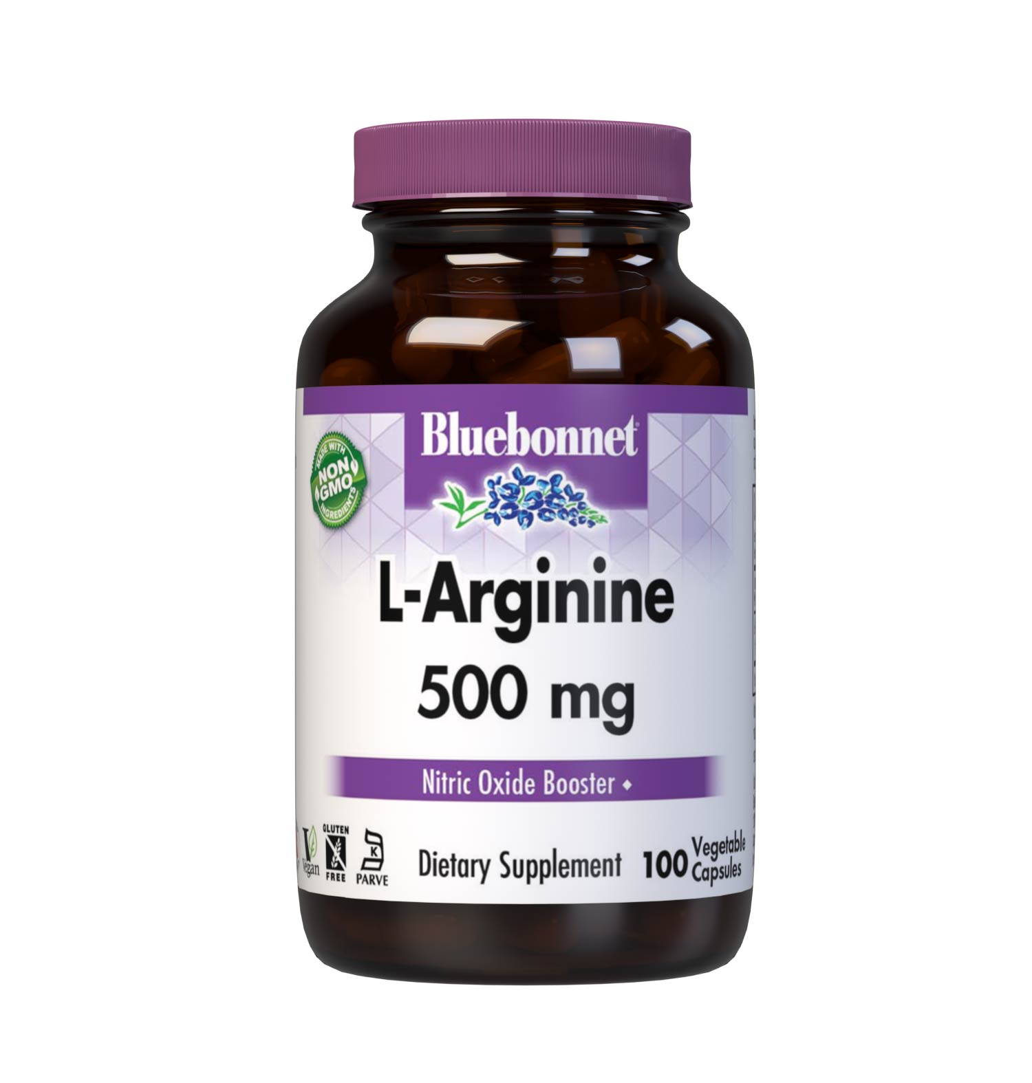 Bluebonnet’s L-Arginine 500 mg 100 vegetable capsules are formulated with the free form amino acid L-arginine in its crystalline form from Ajinomoto which promotes nitric oxide synthesis and men's health. #size_100 count