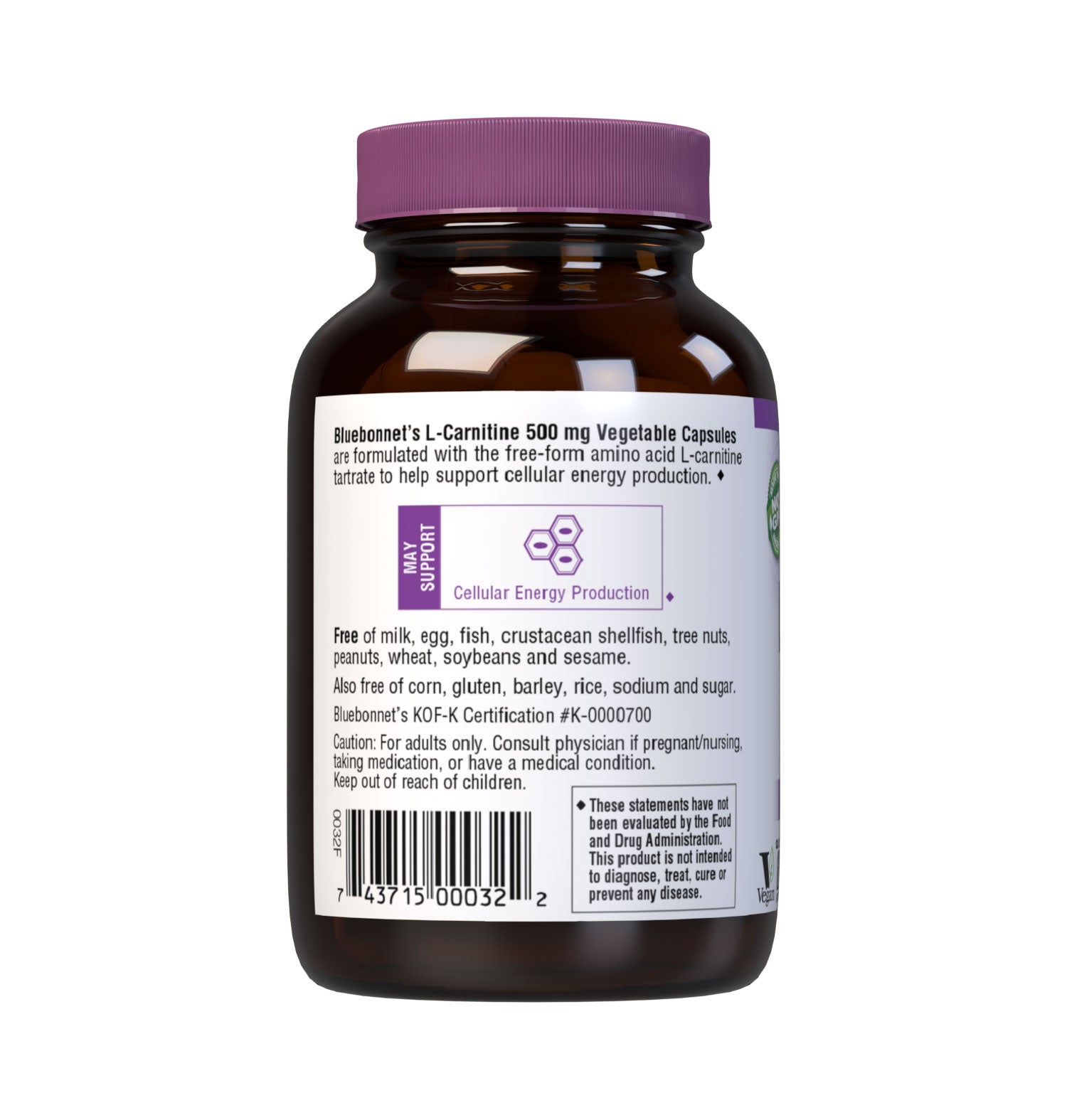 Bluebonnet’s L-Carnitine 500 mg 30 Vegetable Capsules are formulated with the free-form amino acid L-carnitine tartrate in its crystalline form which may support cellular energy. Description panel. #size_30 count