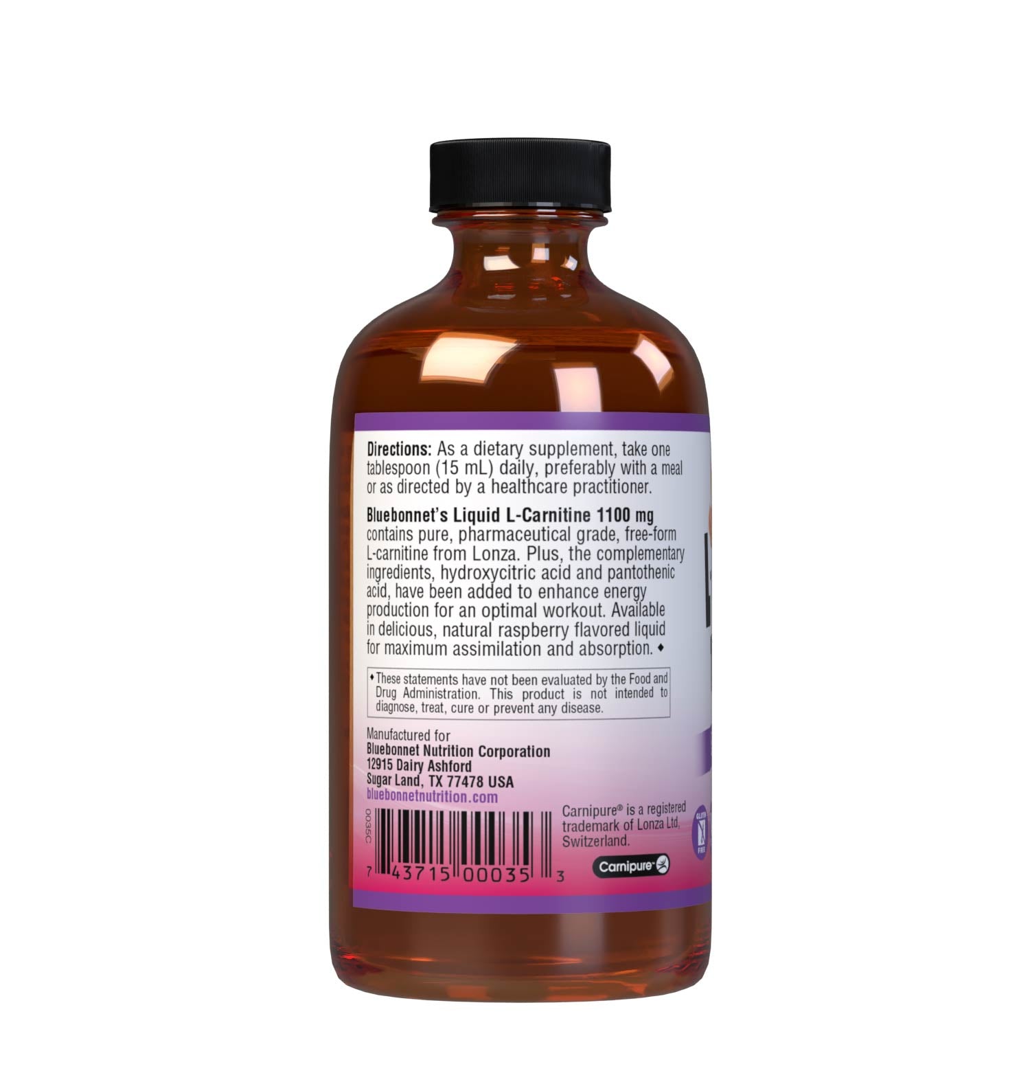 Bluebonnet's Liquid L-Carnitine 1100 mg is formulated with free-form L-carnitine from Lonza along with complementary ingredients, hydroxycitric acid and pantothenic acid to enhance energy production, stamina and endurance for an optimal workout. Description panel. #size_8 fl oz