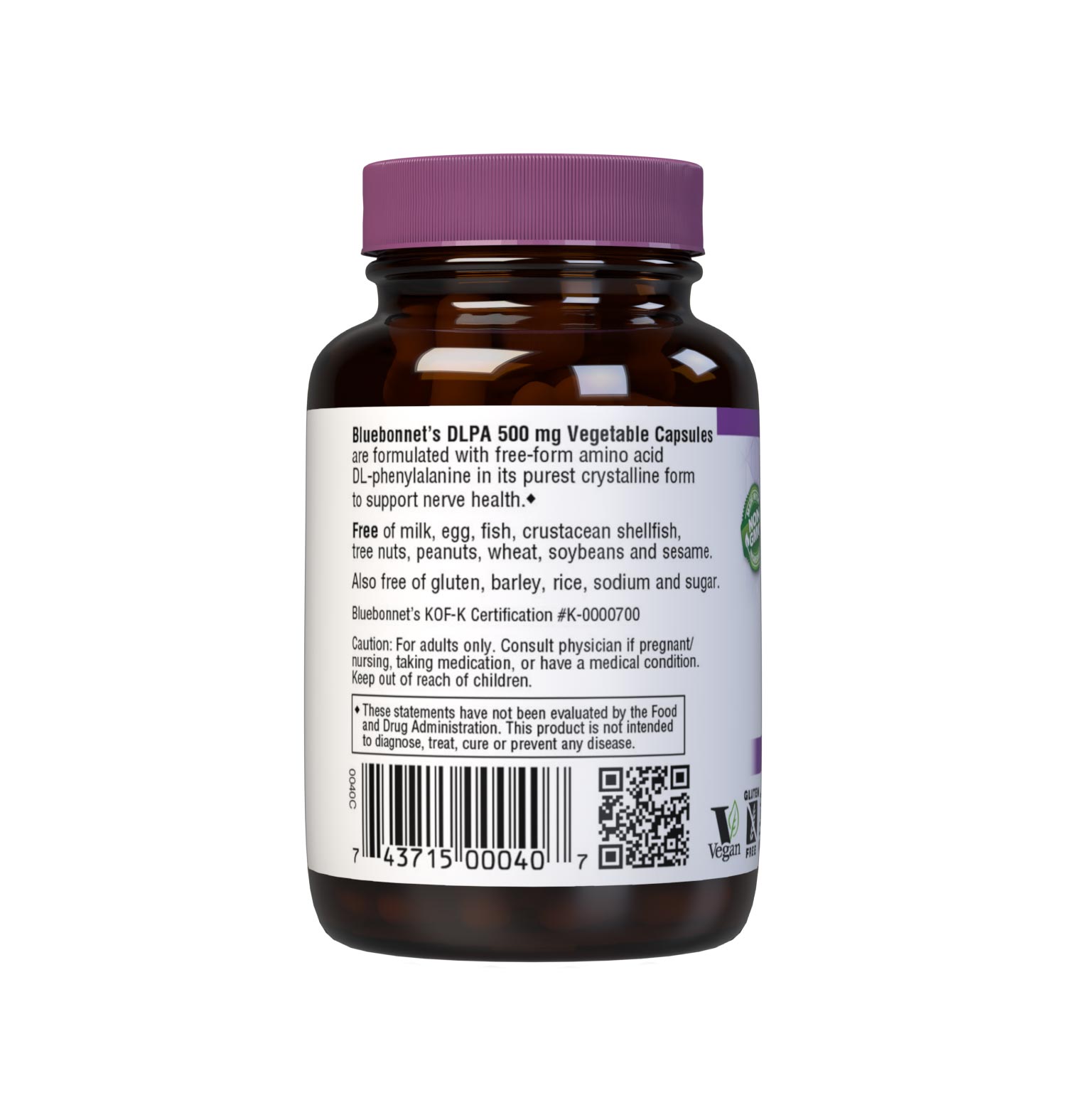 Bluebonnet’s DLPA 500 mg 30 Vegetable Capsules are formulated with free-form amino acid DL-phenylalanine in its crystalline form to support nerve health. description side render image. description panel. #size_30 count