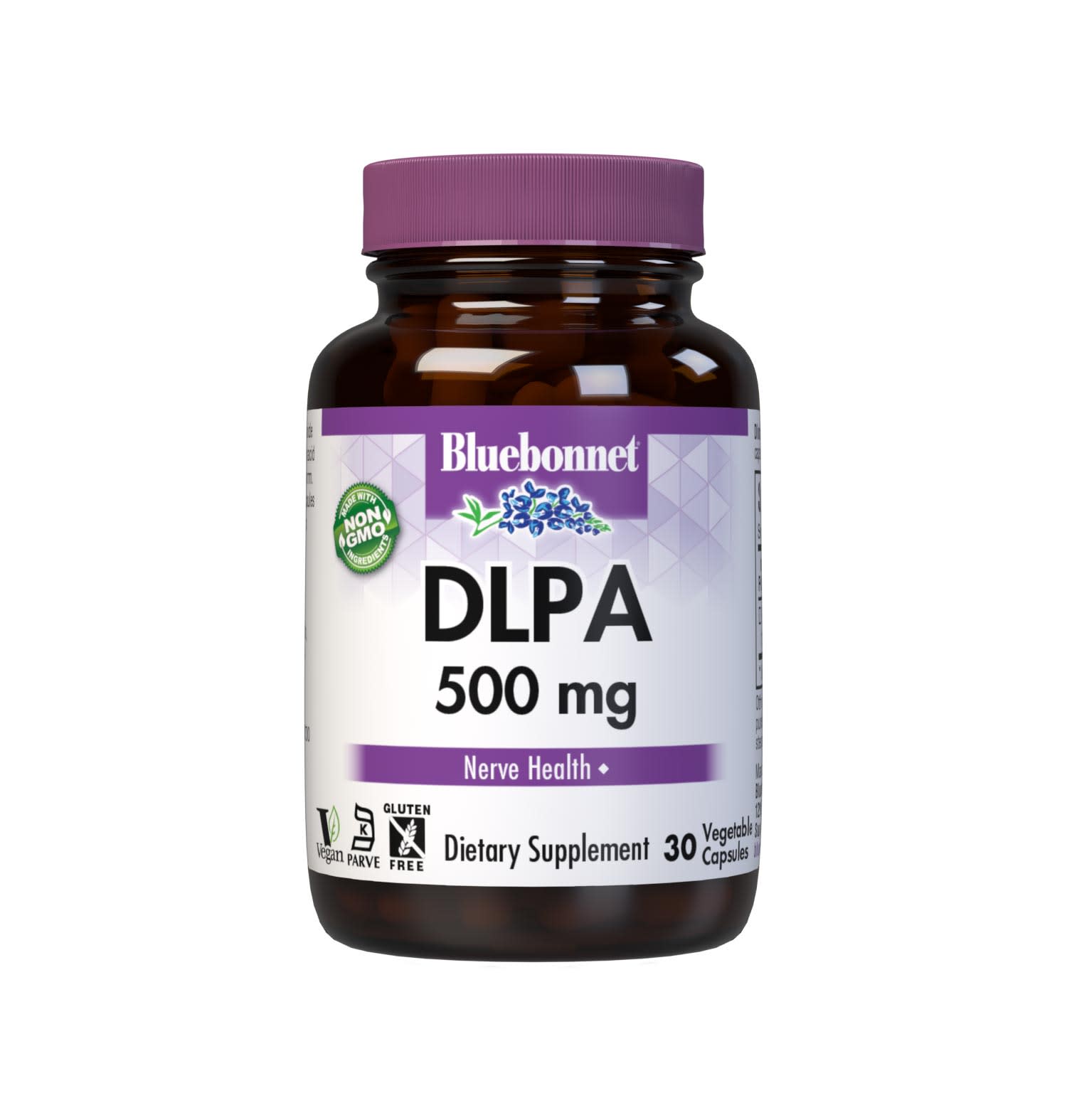 Bluebonnet’s DLPA 500 mg 30 Vegetable Capsules are formulated with free-form amino acid DL-phenylalanine in its crystalline form to support nerve health. #size_30 count
