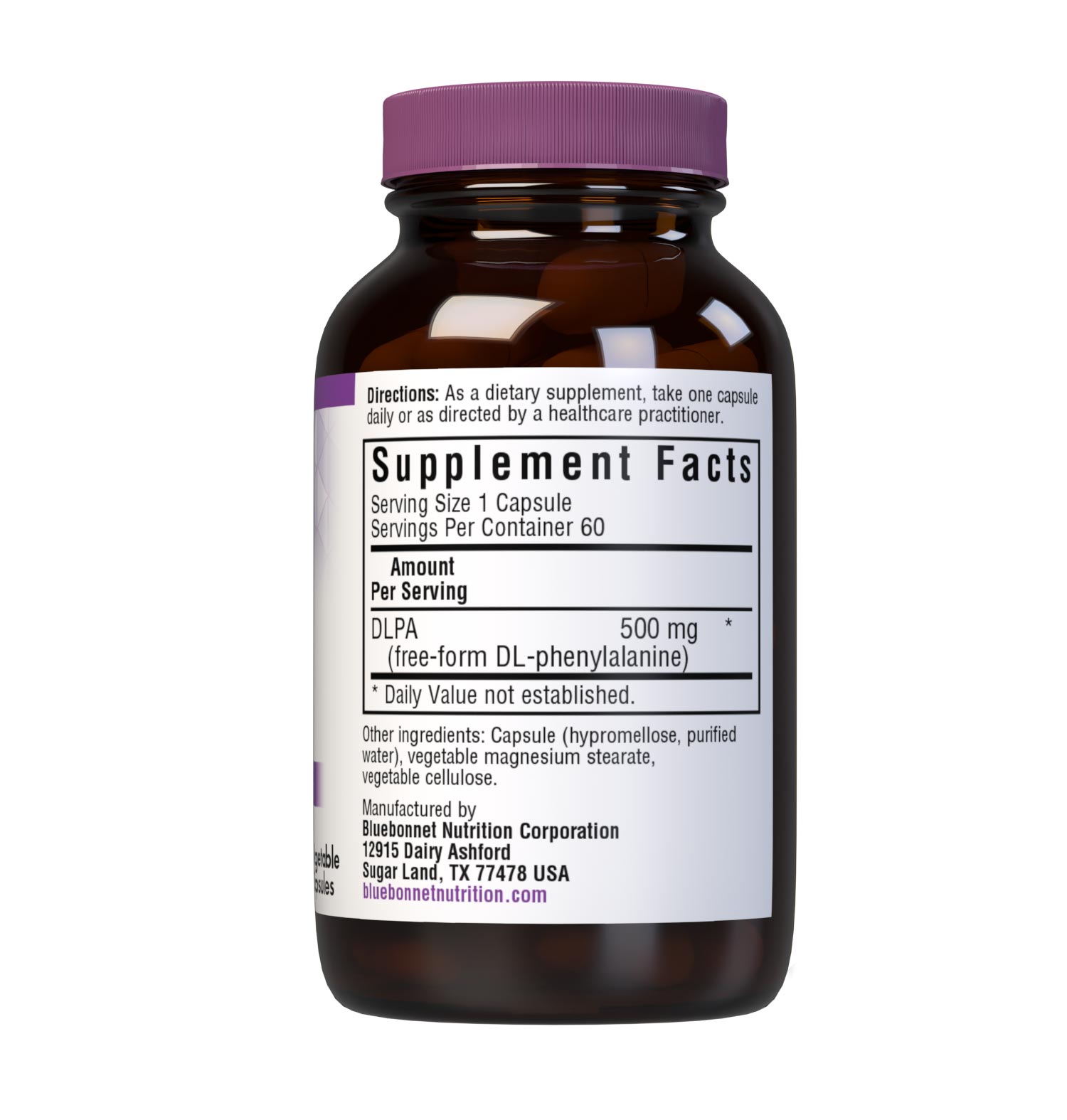 Bluebonnet’s DLPA 500 mg 60 Vegetable Capsules are formulated with free-form amino acid DL-phenylalanine in its crystalline form to support nerve health. supplement facts panel. #size_60 count