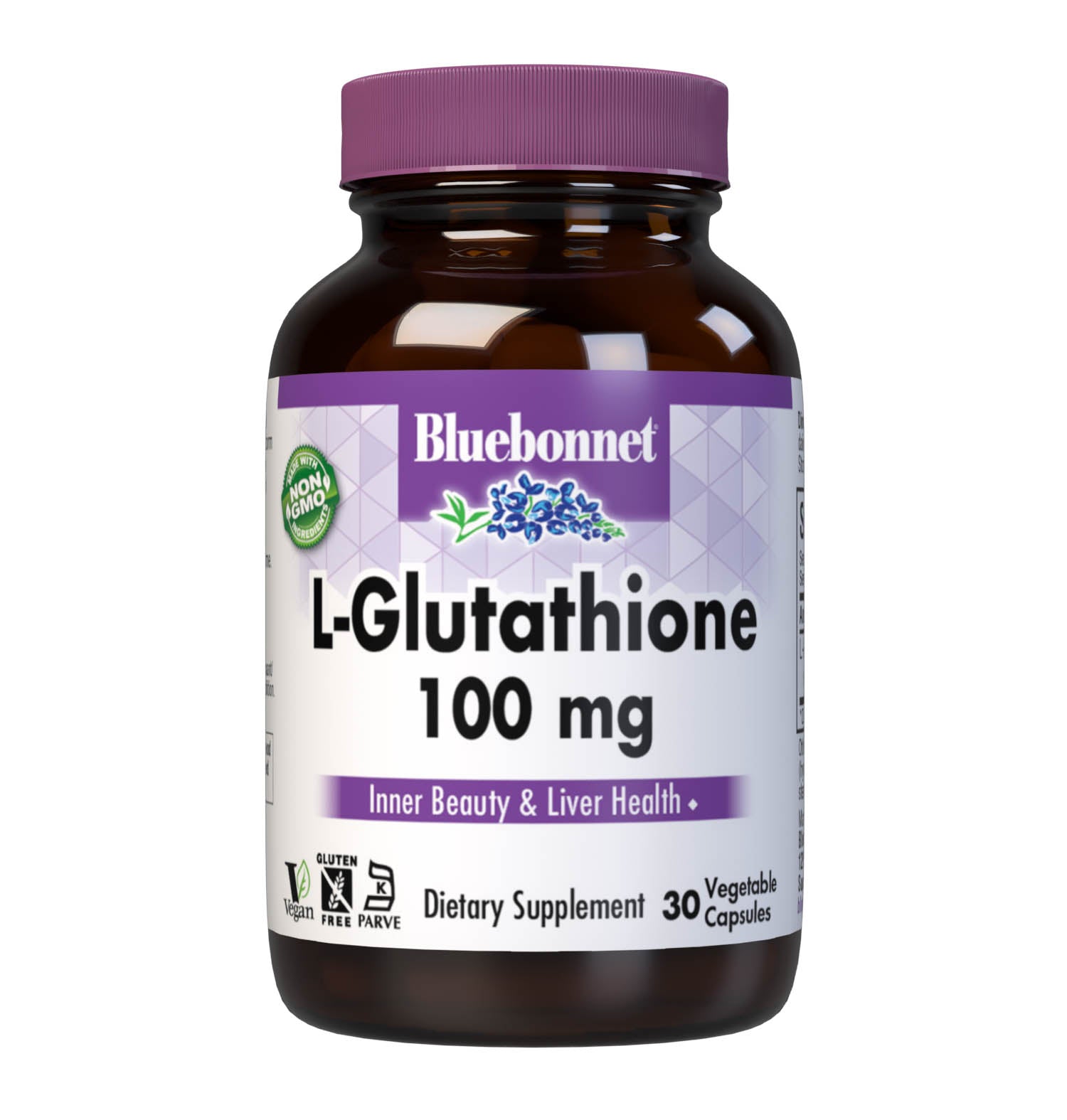 Bluebonnet’s L-Glutathione 100 mg 30 Vegetable Capsules are formulated with the free-form amino acid L-glutathione in its crystalline form. L-Glutathione protects against free-radical formation and supports inner beauty and liver health. #size_30 count