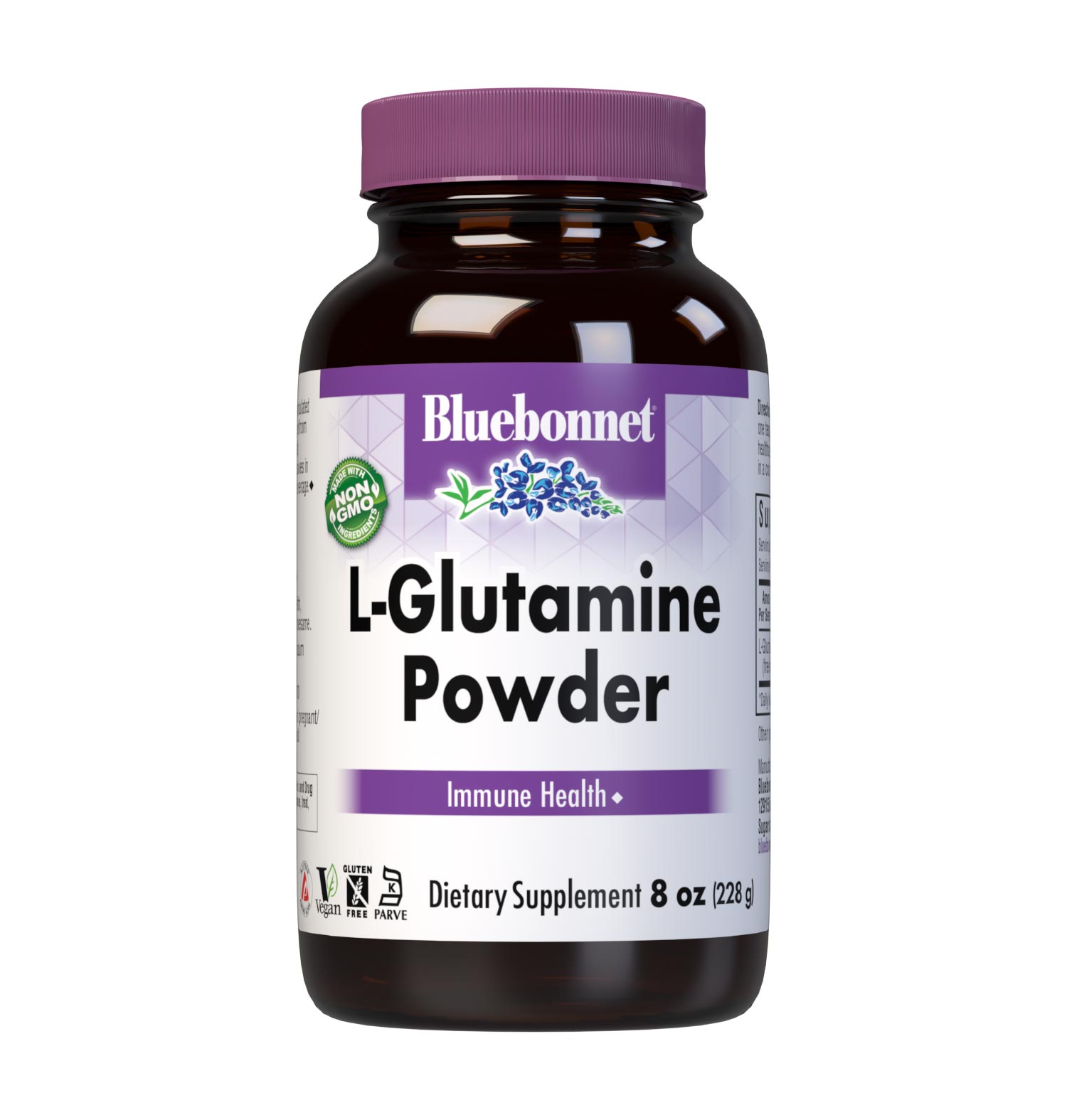 Bluebonnet’s L-Glutamine Powder, 8 oz, formulated with the tree-form amino acid L-glutamine in its form from Ajinomoto to help support immune function. #size_8 oz
