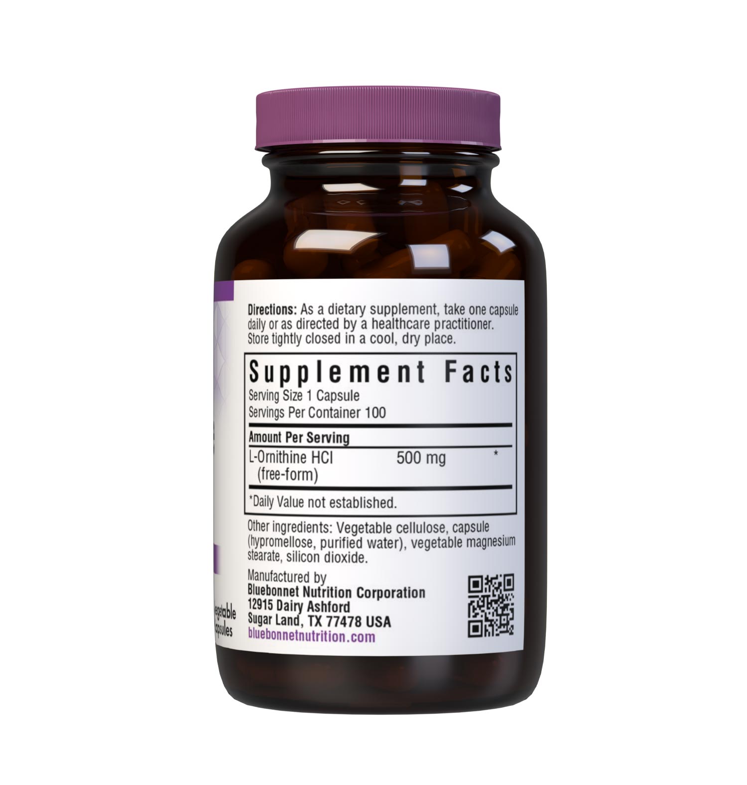Bluebonnet’s L-Ornithine 500 mg 100 Vegetable Capsules provide the pharmaceutical grade, free-form amino acid L-ornithine HCI in its crystalline form. Supplement facts panel.  #size_100 count