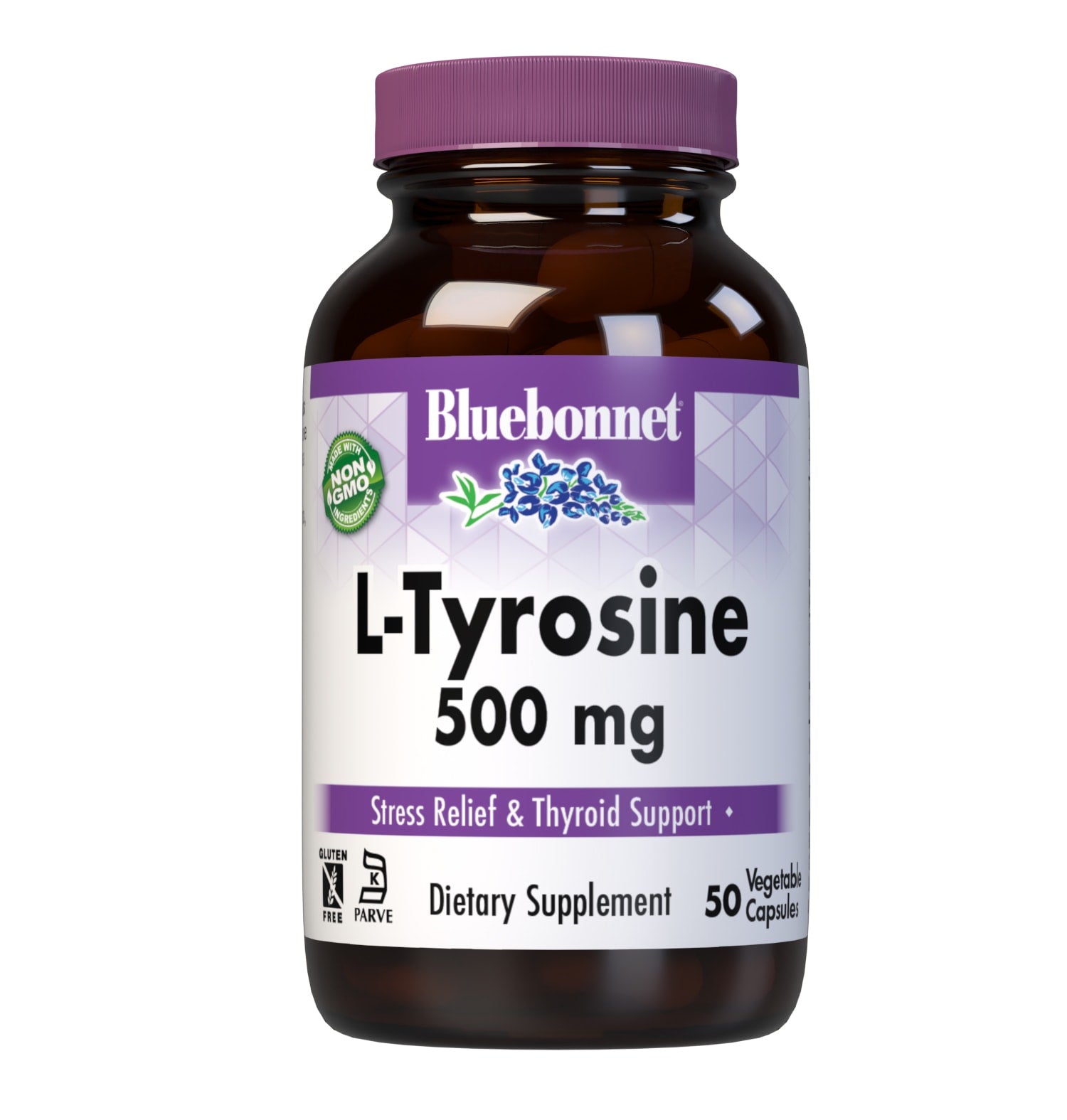 Bluebonnet L-Tyrosine 500 mg 50 Vegetable Capsules provide a free-form amino acid L-tyrosine in its crystalline form. #size_50 count