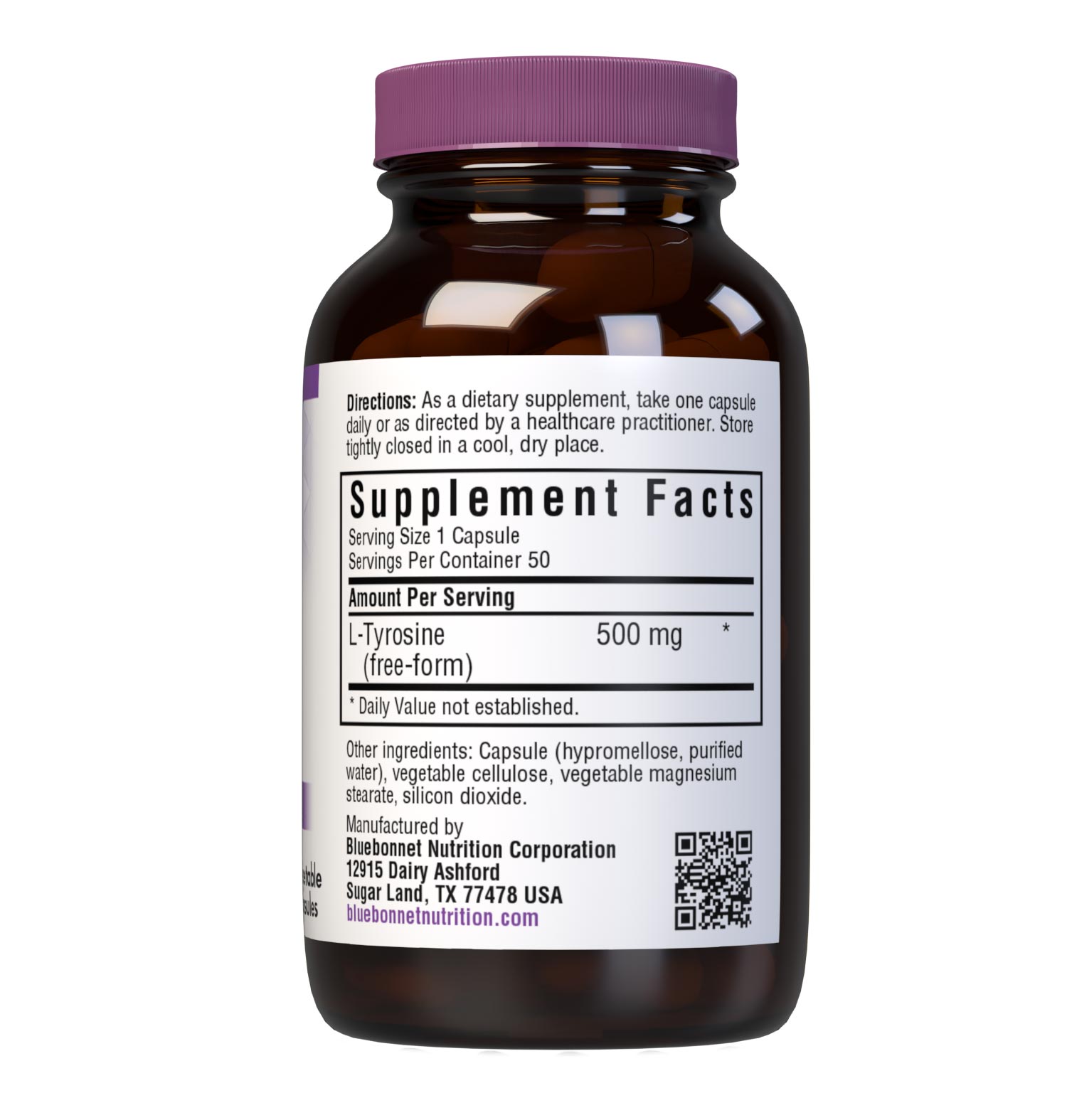 Bluebonnet L-Tyrosine 500 mg 50 Vegetable Capsules provide a free-form amino acid L-tyrosine in its crystalline form. Supplement facts panel. #size_50 count