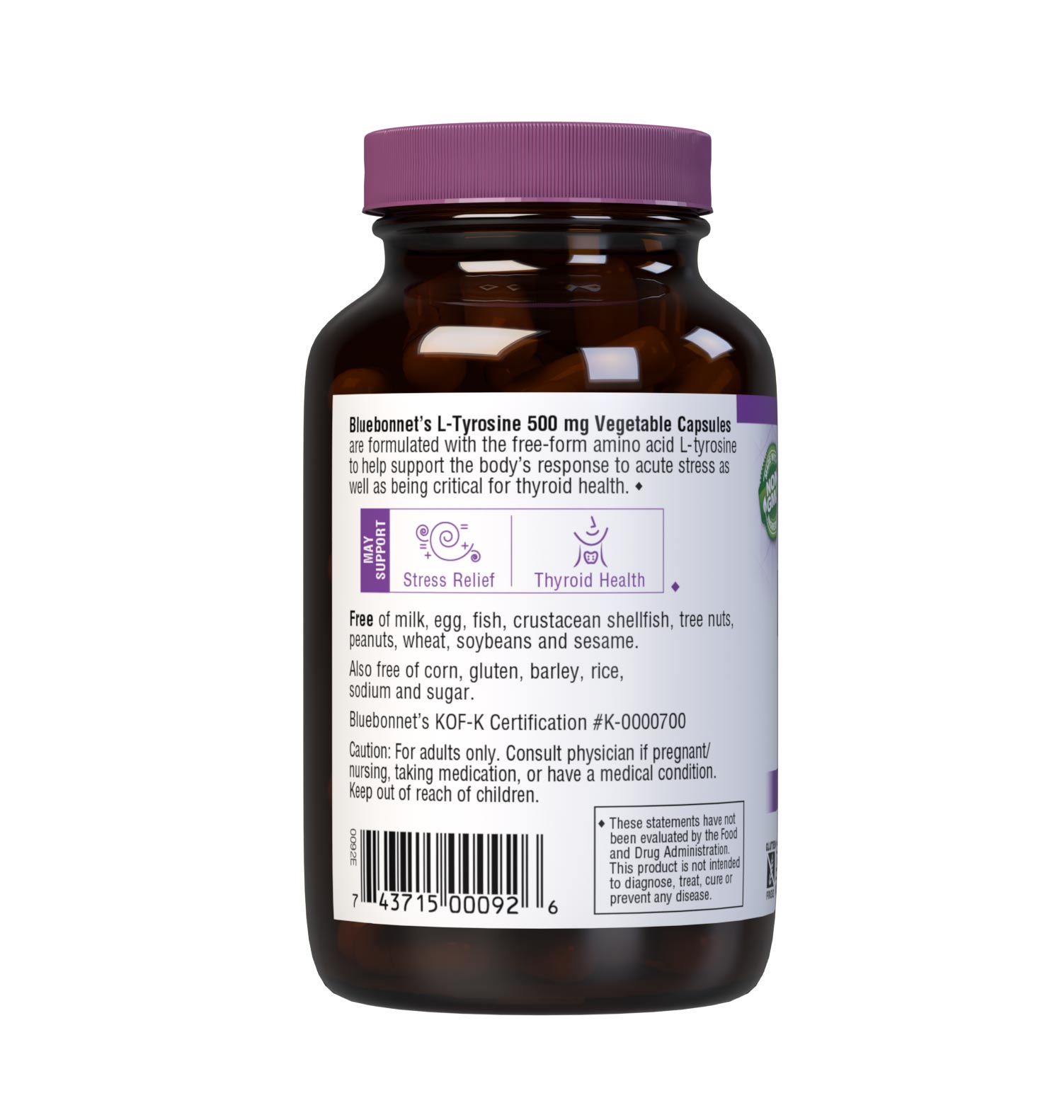 Bluebonnet L-Tyrosine 500 mg 100 Vegetable Capsules provide a free-form amino acid L-tyrosine in its crystalline form. Description panel. #size_100 count