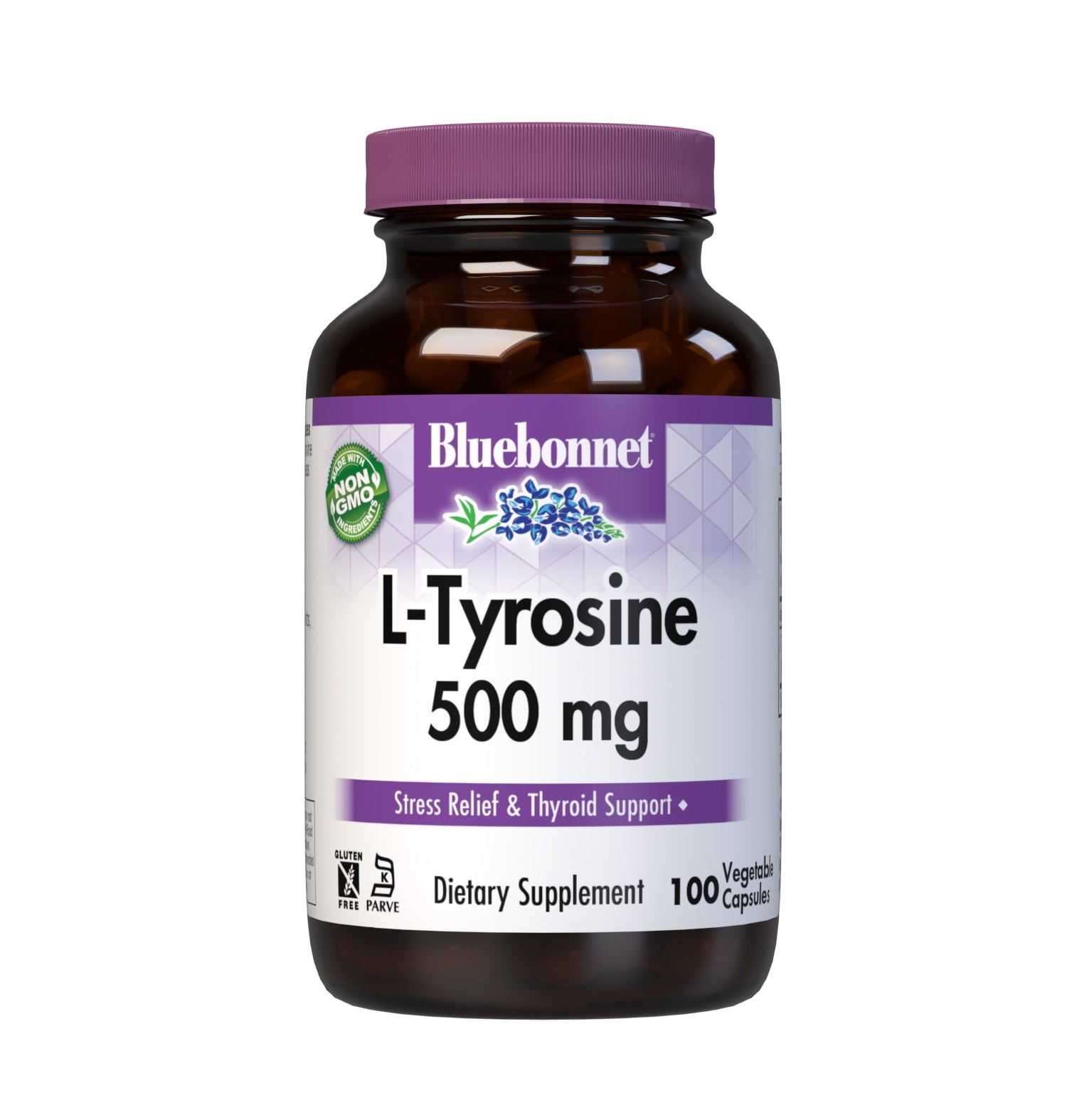 Bluebonnet L-Tyrosine 500 mg 100 Vegetable Capsules provide a free-form amino acid L-tyrosine in its crystalline form. #size_100 count