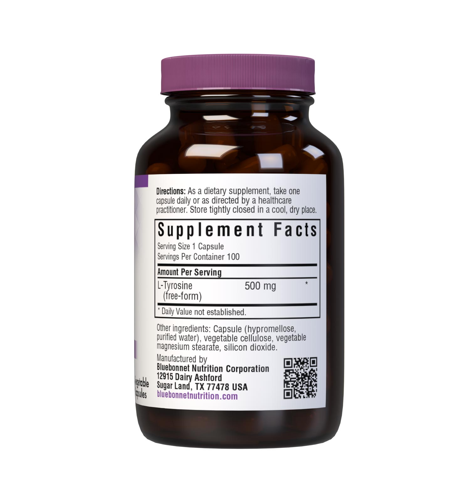 Bluebonnet L-Tyrosine 500 mg 100 Vegetable Capsules provide a free-form amino acid L-tyrosine in its crystalline form. Supplement facts panel. #size_100 count