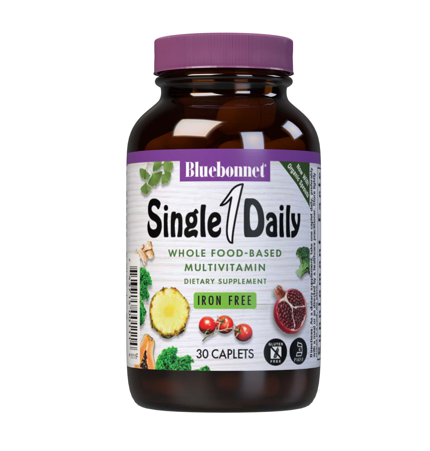 SingleDaily Multiple (Iron-Free) 30 caplets whole food-based formula offers essential vitamins, minerals and enzymes from unique, kosher-certified, plant-based ingredients, such as adaptogenic and immune-boosting herbs, greens from nutrient-dense spirulina, chlorella and chlorophyll, lycopene from tomatoes and potent anti-aging antioxidants from pomegranate fruit. #size_30 count