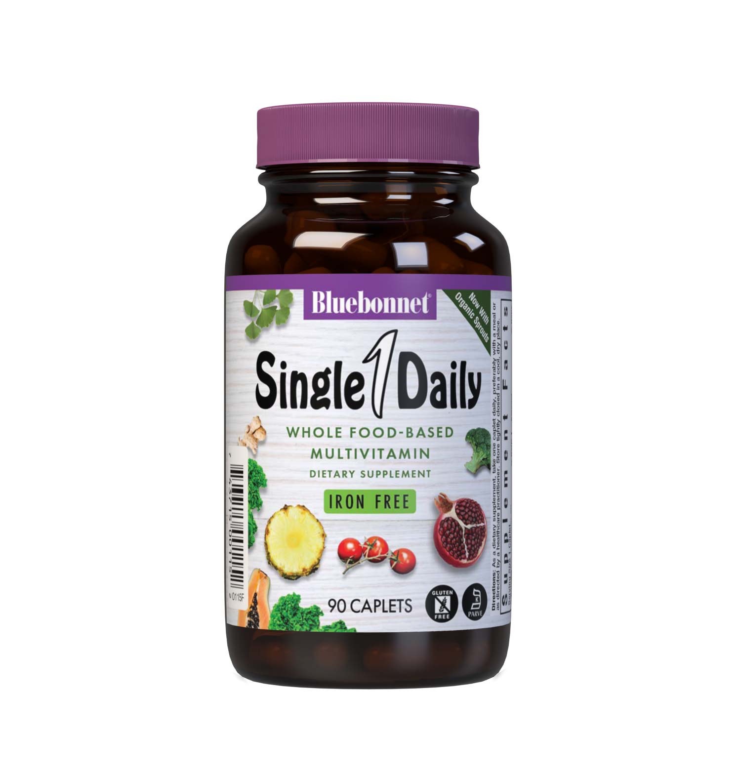 SingleDaily Multiple (Iron-Free) 90 caplets whole food-based formula offers essential vitamins, minerals and enzymes from unique, kosher-certified, plant-based ingredients, such as adaptogenic and immune-boosting herbs, greens from nutrient-dense spirulina, chlorella and chlorophyll, lycopene from tomatoes and potent anti-aging antioxidants from pomegranate fruit. #size_90 count