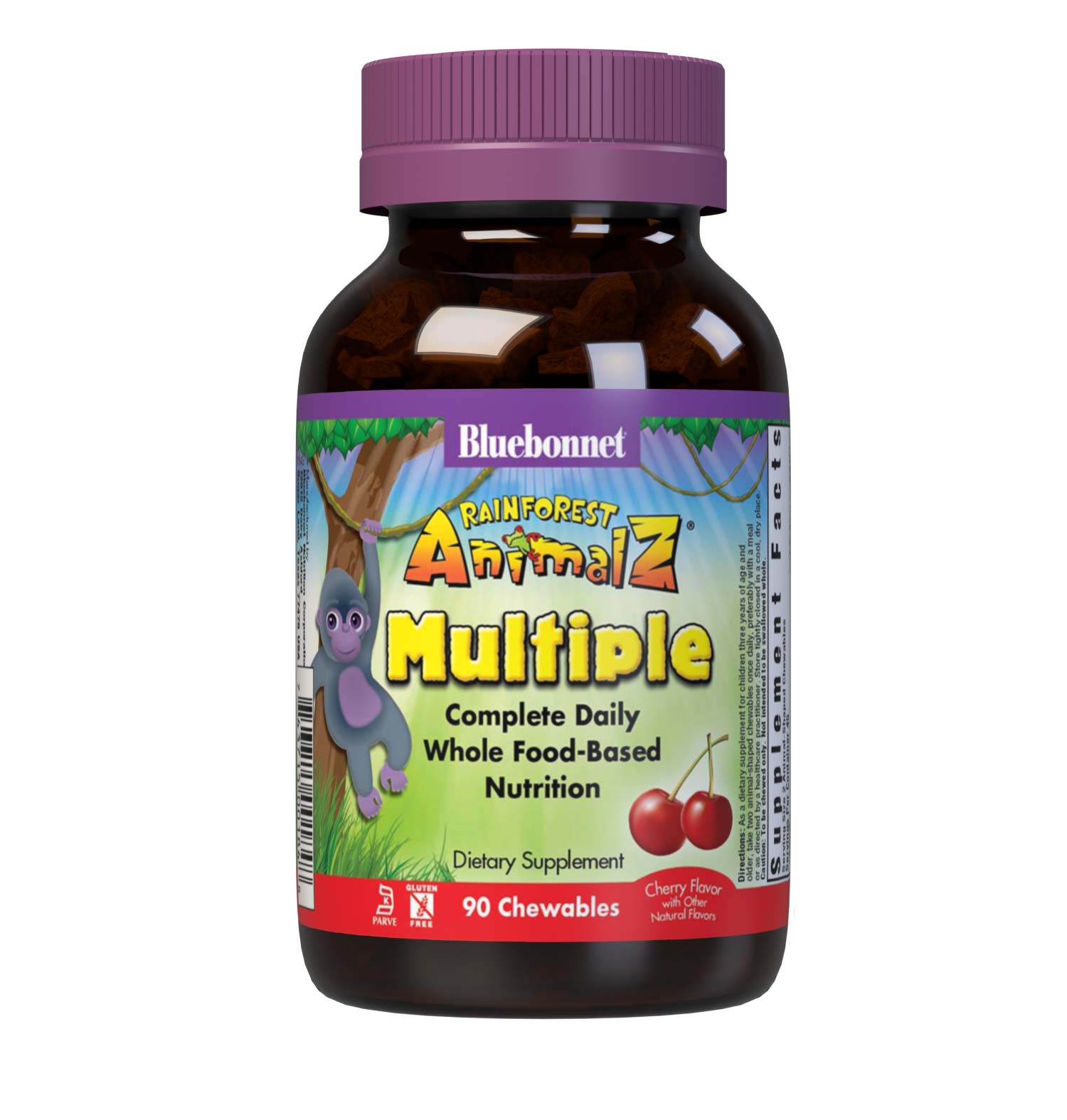 Bluebonnet Rainforest Animalz Whole Food Based Multiple 90 Animal-Shaped Chewables helps bridge the nutrient gap by providing a comprehensive blend of super fruits and veggies that are rich in essential vitamins and minerals in tasty, delicious flavored chewable tablets to support their growth and developmental needs. #size_90 count