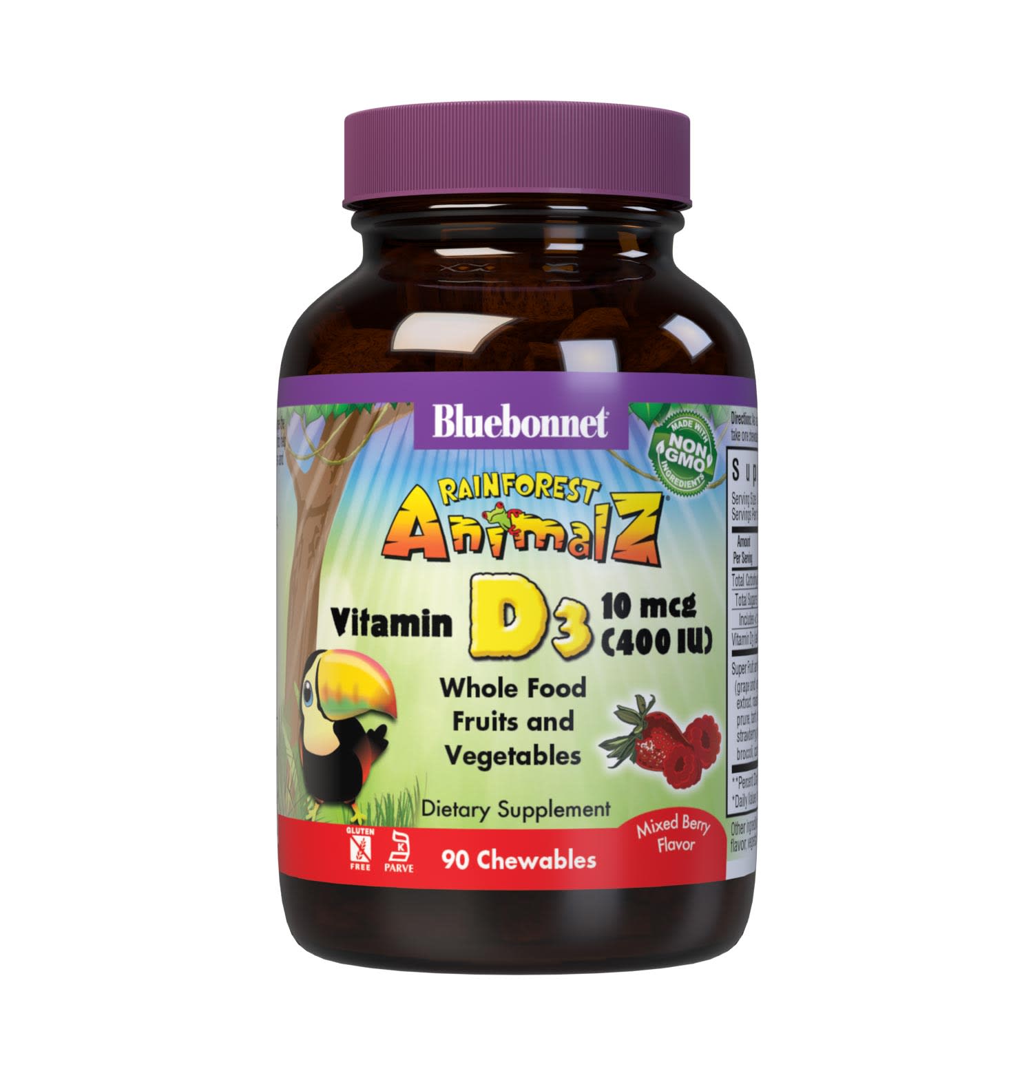 Bluebonnet's Rainforest Animalz® Vitamin D3 400 IU helps bridge the nutrient gap often found in children's diets with a vitamin D3 (cholecalciferol) in a base of super fruits and vegetables to help support strong health bones and immune function. All this in just one yummy chewable per serving. #size_90 count
