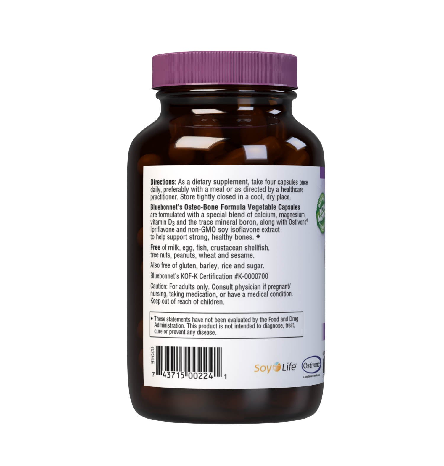 Bluebonnet’s Osteo-Bone Formula 90 Vegetable Capsules are formulated with a special blend of calcium, magnesium, vitamin D3 and the trace mineral boron. Also formulated with Ostivone Ipriflavone and non-GMO soy isoflavone extract. Supplying the soy isoflavones Genistein, Genistin, Daidzein, Daidzin, Glycitein and Glycitin. Description panel. #size_90 count