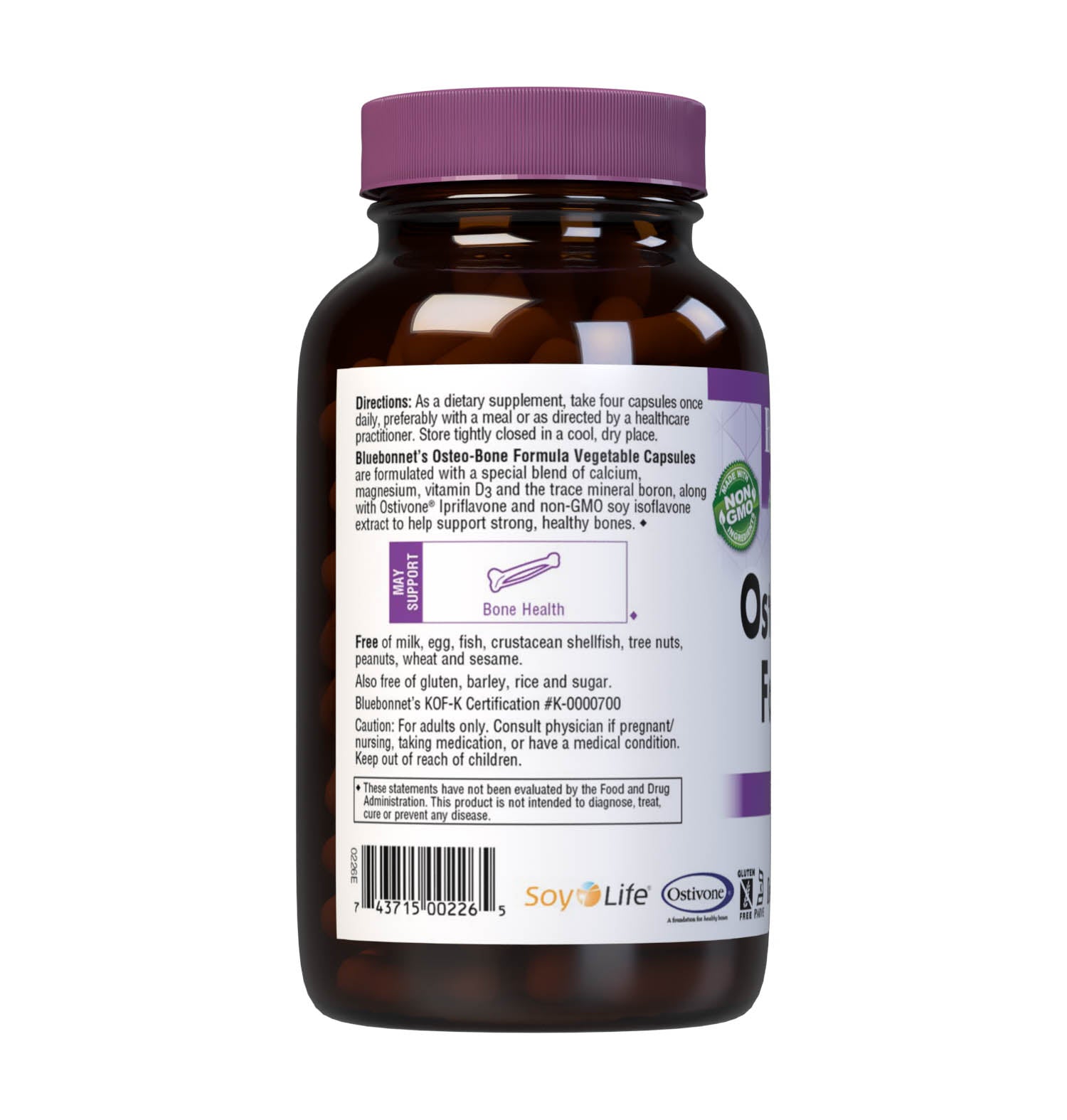 Bluebonnet’s Osteo-Bone Formula 180 Vegetable Capsules are formulated with a special blend of calcium, magnesium, vitamin D3 and the trace mineral boron. Also formulated with Ostivone Ipriflavone and non-GMO soy isoflavone extract. Supplying the soy isoflavones Genistein, Genistin, Daidzein, Daidzin, Glycitein and Glycitin. Description panel. #size_180 count