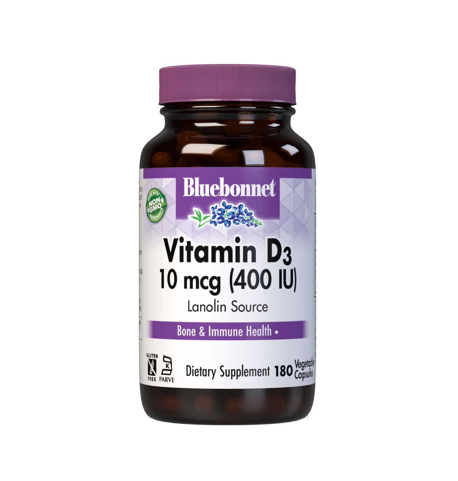 Bluebonnet’s Vitamin D3 10 mcg (400 IU) 180 Vegetable Capsules are formulated with vitamin D3 (cholecalciferol) from lanolin to help support strong, healthy bones and immune function. #size_180 count